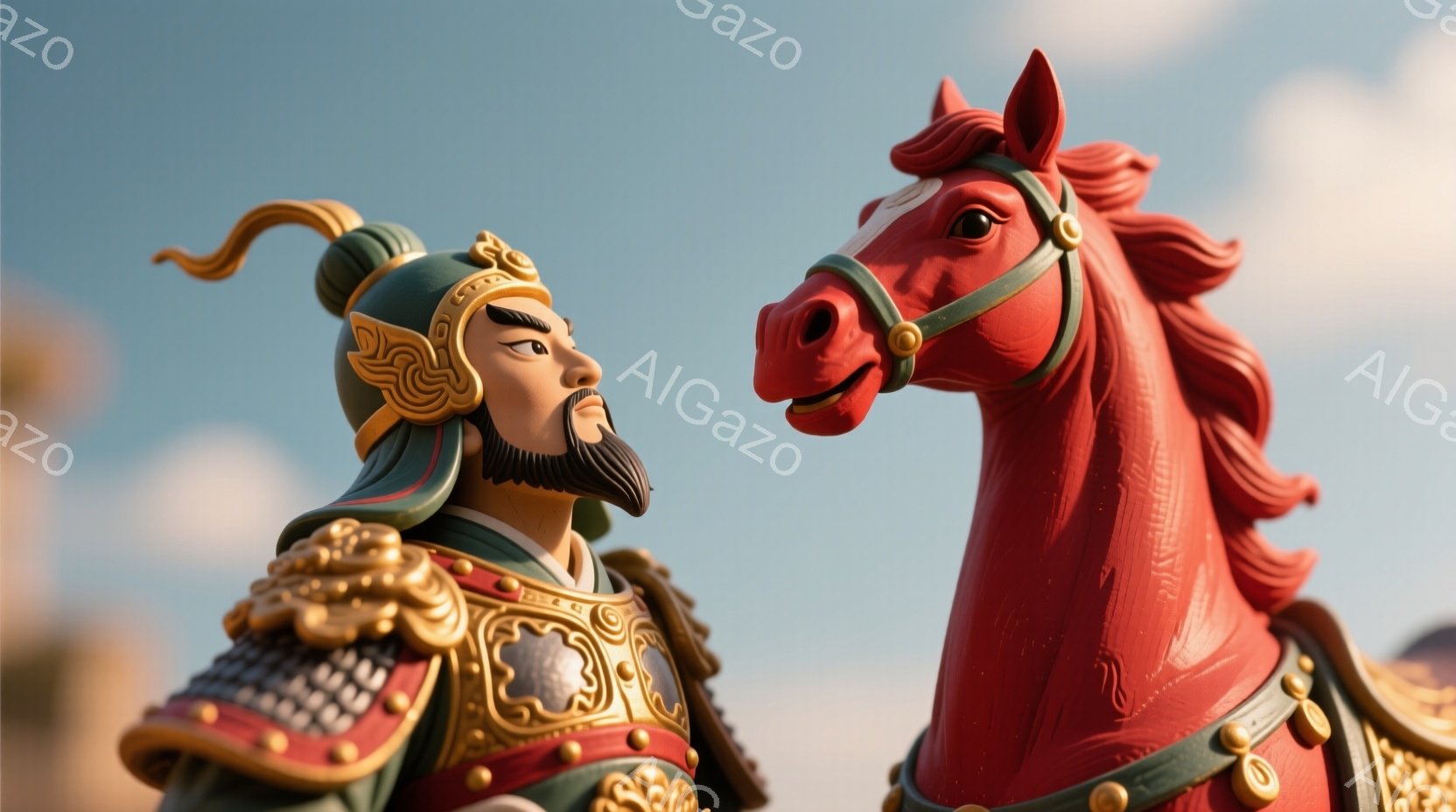 鮮やかな赤い馬と、武将の彫像が描かれています。武将は緑と金色の装飾が施された鎧を身につけ、黒い顎ひげと特徴的な髪型をしており、どこか威厳のある表情をしています。背景は淡い青空で、遠くにはぼんやりと建物が見え、全体的に荘厳で歴史的な雰囲気を醸し出しています。