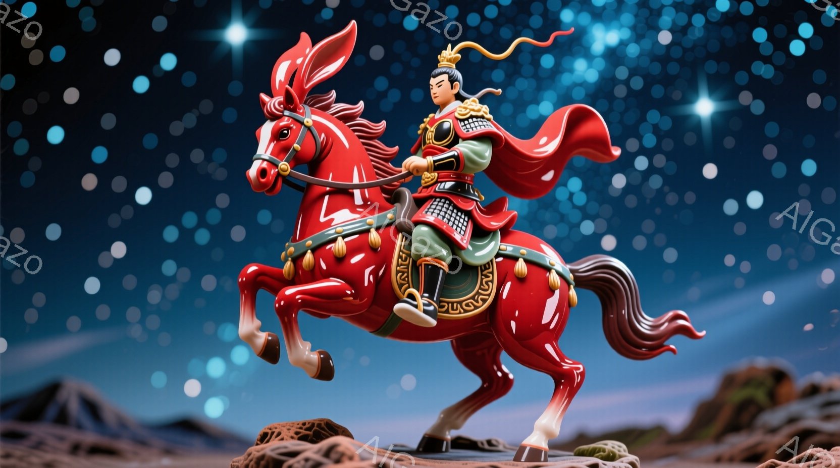 赤い馬に乗った武将が描かれています。武将は、金色の装飾が施された赤い鎧を身につけ、黒い髪を後ろで束ねています。馬は力強く駆けており、背景には岩場と星空が広がっていて、勇壮で幻想的な雰囲気です。 - AI生成フリー素材