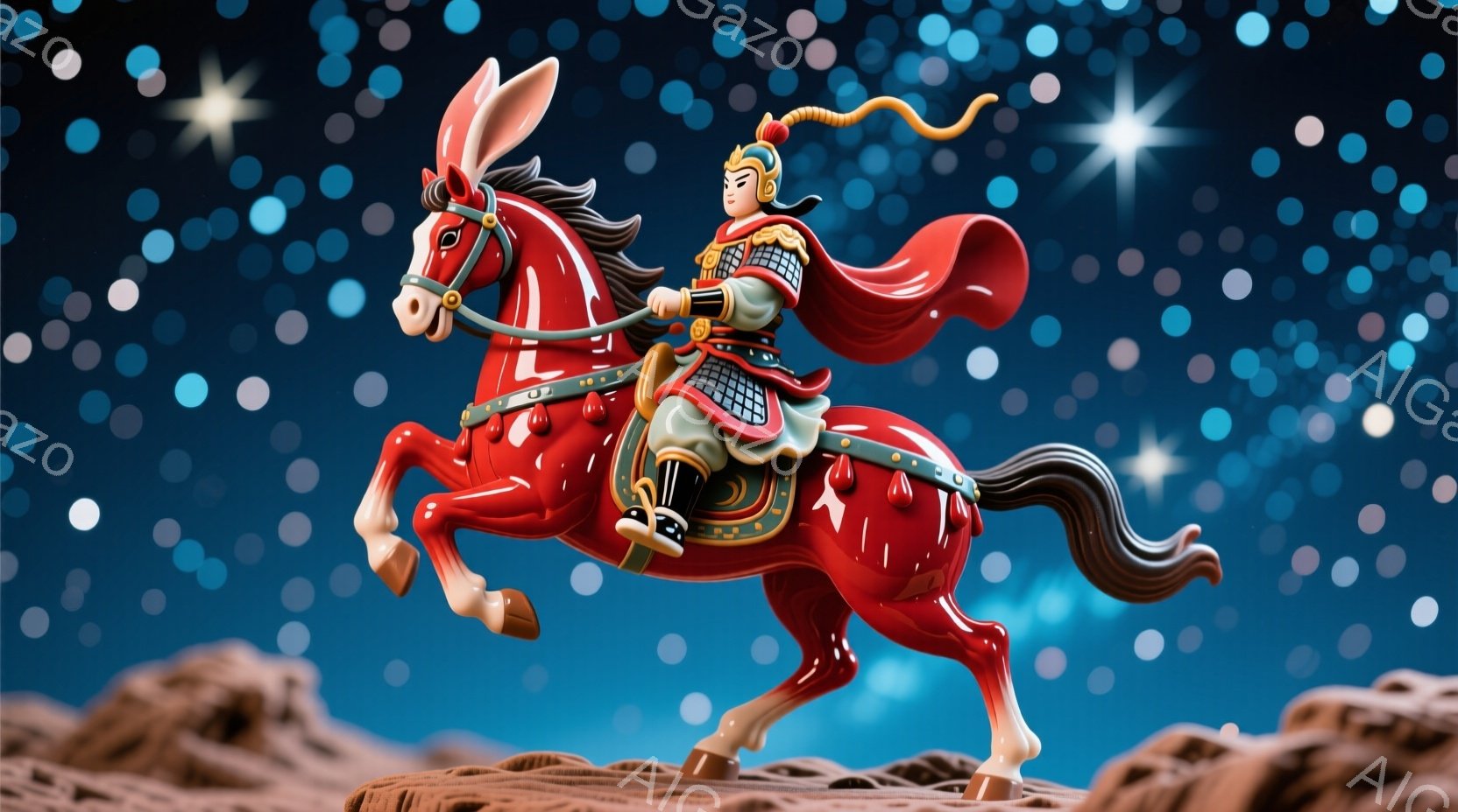 真っ赤な甲冑を身につけた武者が、同じく真っ赤な馬に乗って疾走している様子が描かれている。武者は金色の髪飾りと豊かなひげを持ち、表情は凛々しく、威厳に満ちている。背景は紺碧の空に無数の星が輝き、地面は岩肌で覆われており、全体として力強く幻想的な雰囲気を醸し出している。