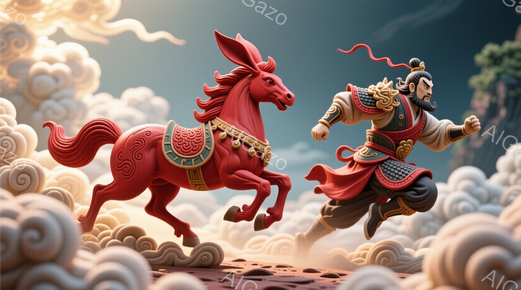 赤色の武将が、同じく赤色の馬に乗って雲の上を疾走している様子が描かれている。武将は黒髪を後ろで結い、立派な髭をたくわえ、勇敢な表情をしている。背景には白い雲が広がり、光が差し込み、躍動感と壮大な雰囲気を醸し出している。