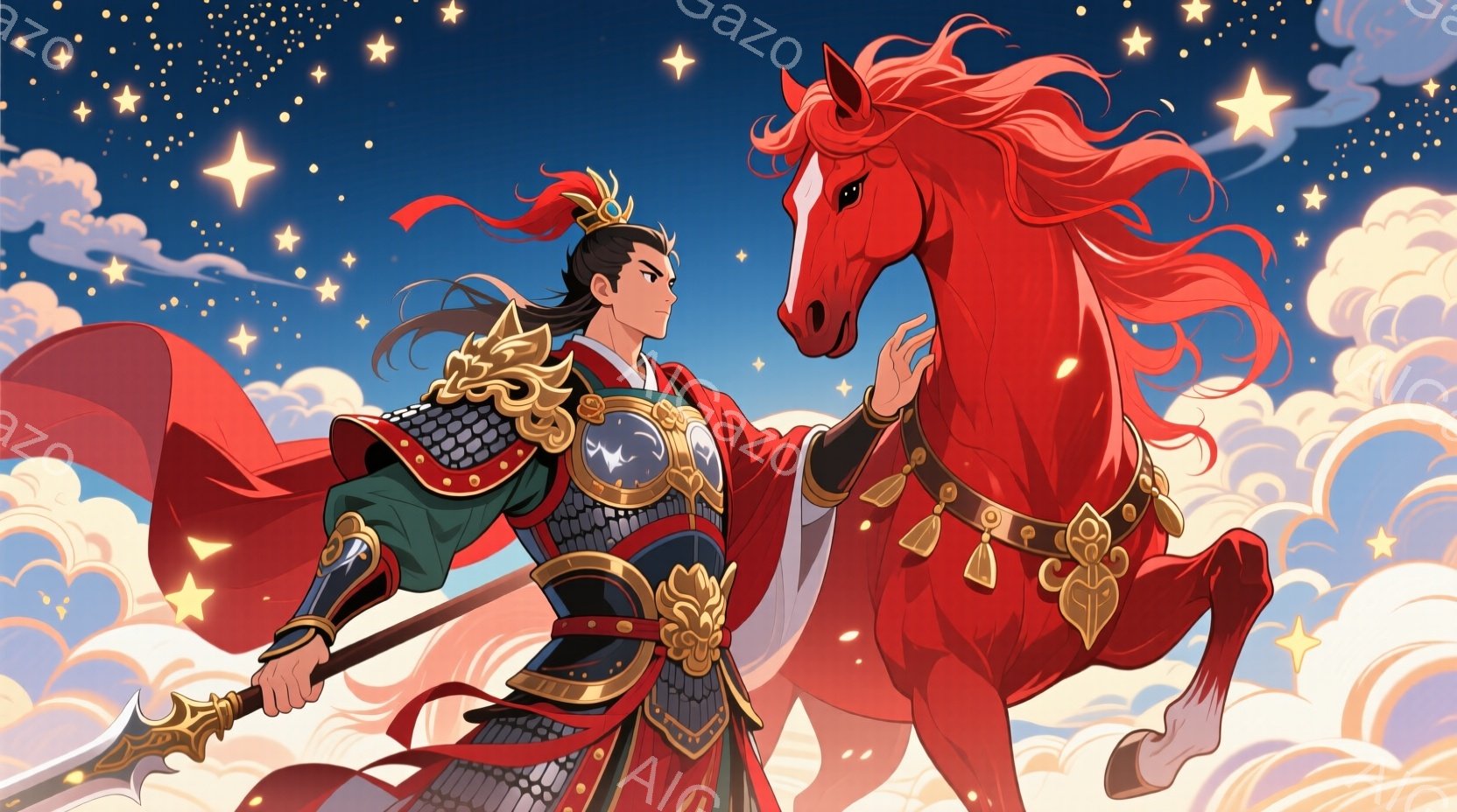 アニメ風のスタートロップを使用したイラストです。中央には紫髭の武士が赤髭の馬と向かってお互いに手をつくし、星空背景に浮かんでいます。武士は金色の装甲を身につけ、天狗のような髪型で表情は冷静そのもの。全体として、美しく華やかな印象があります。