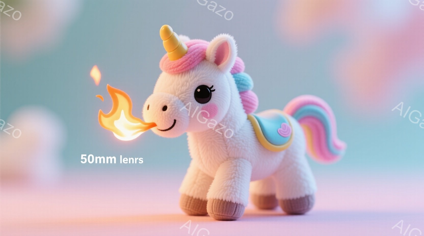 ふわふわとした白いユニコーンが、ピンクと紫のグラデーションのたてがみと尾を持っています。ユニコーンの角からは炎が立ち上り、表情は可愛らしく、優しい雰囲気を醸し出しています。背景は淡いピンクと水色のグラ - AI生成フリー素材