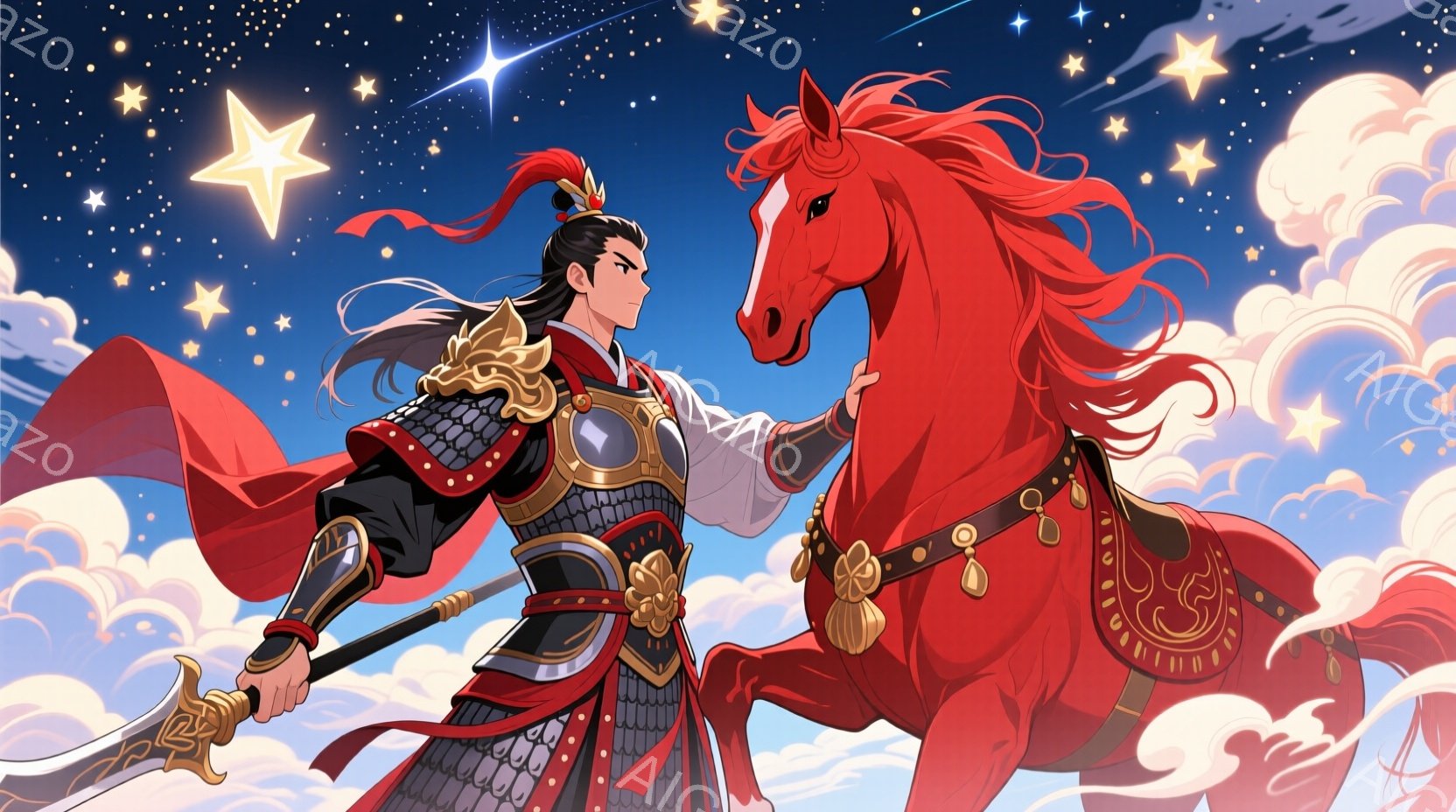 鮮やかな赤い馬にまたがった男性が描かれています。彼は黒髪を長く伸ばし、金色の装飾が施された鎧を身に着け、赤い旗のようなものを手に持っています。背景には雲が広がり、星が輝いており、全体的に力強く、幻想的 - AI生成フリー素材
