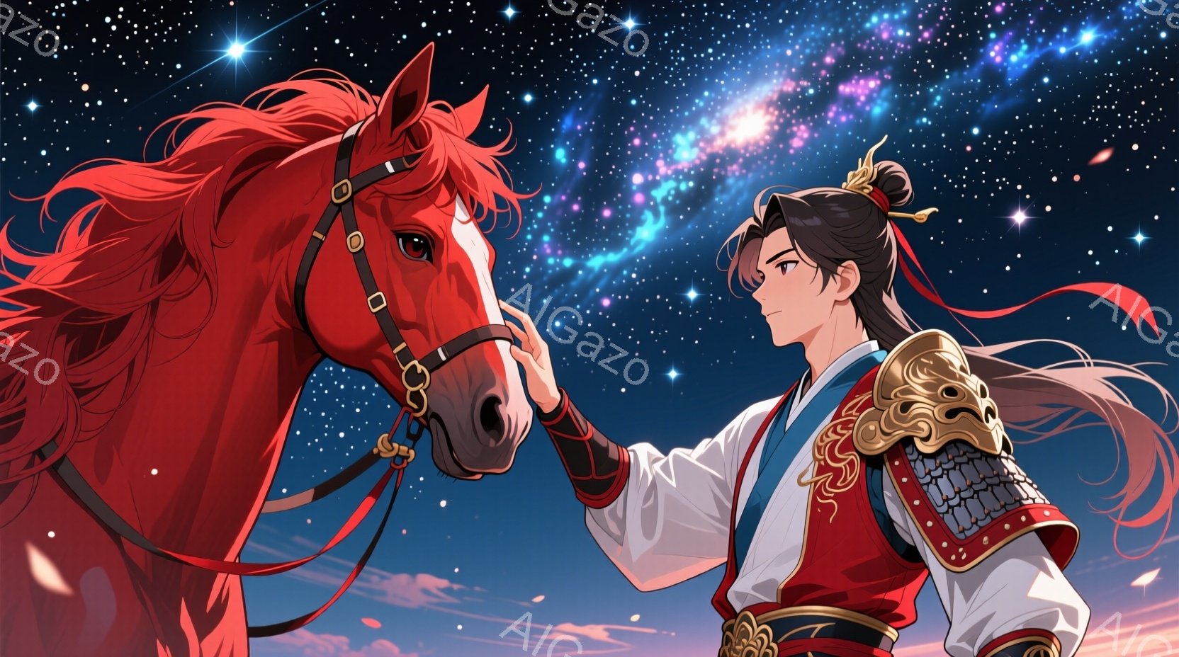 赤毛の馬と、それに寄り添う男性が描かれています。男性は、金色の装飾が施された赤い衣装と、肩当てのような鎧を身につけ、長い黒髪を後ろで結んでいます。背景は夜空で、星や銀河が輝き、幻想的で力強い雰囲気を醸 - AI生成フリー素材