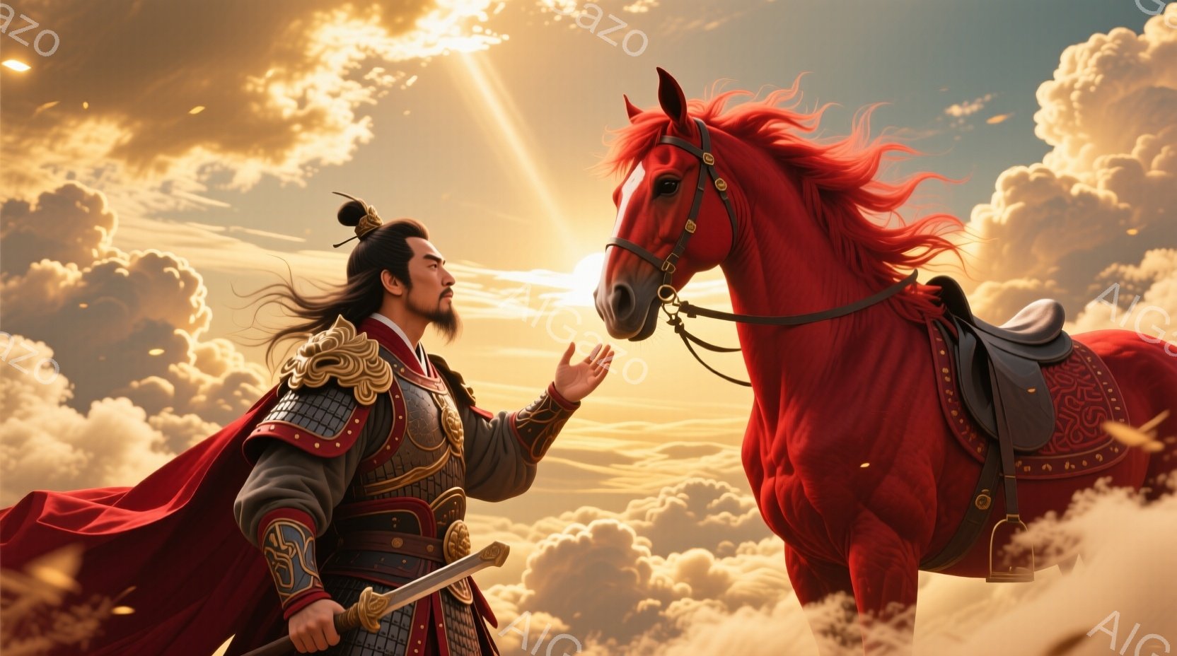 長い黒髪を後ろで結い、中国古代の鎧を身につけた男性が描かれている。彼は片手を前に伸ばし、燃えるような赤色の馬と心を通わせようとしている。背景には雲海が広がり、夕焼けのような光が差し込み、壮大で英雄的な - AI生成フリー素材