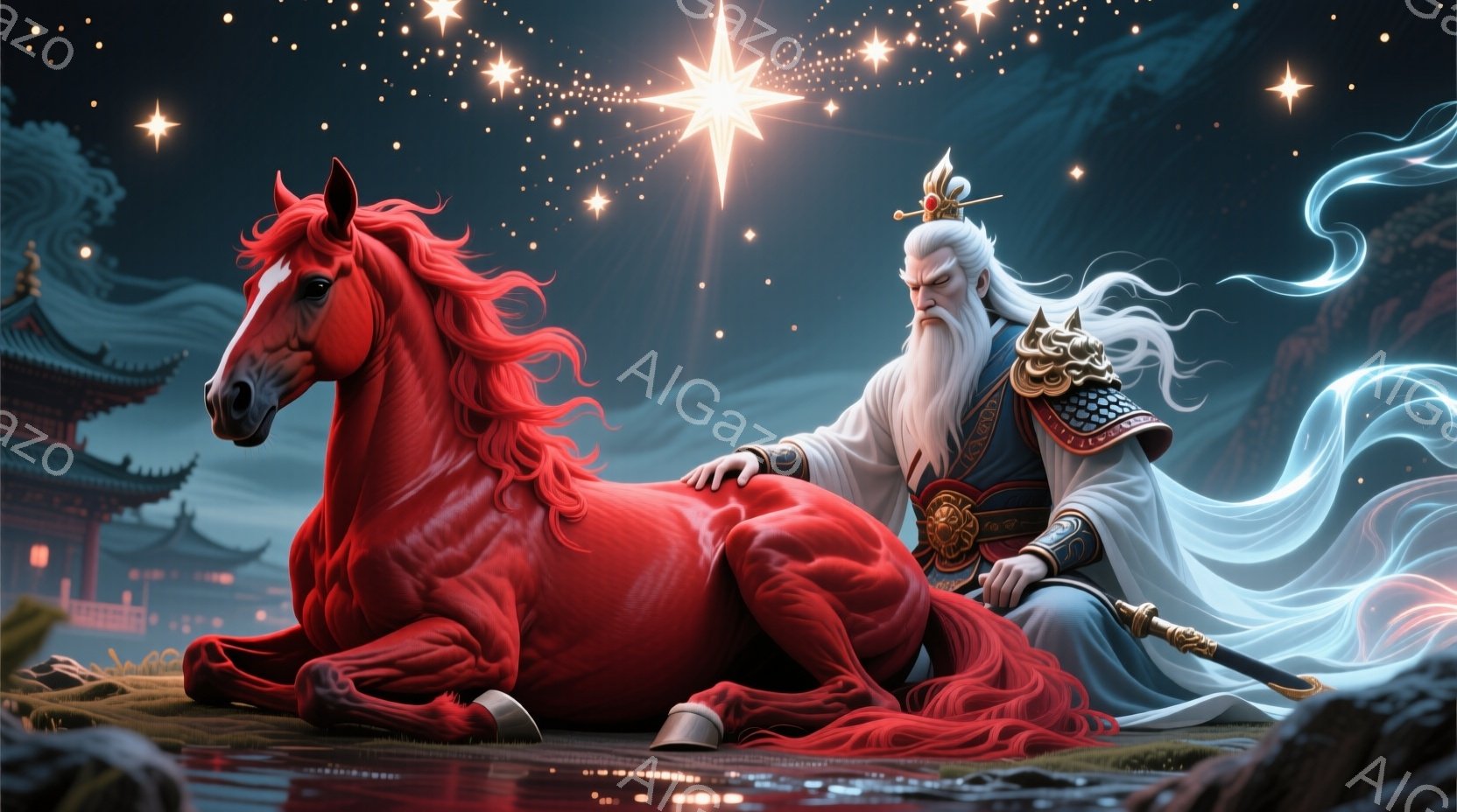 深紅の馬が、白い髪とひげを蓄えた老人に跨がっています。老人は豪華な鎧の一部を身に着け、落ち着いた表情で馬の背に座り、片手で穏やかに馬を撫でています。背景には、夜空に輝く星々と、霞がかった山並み、そして遠くに見える中国風の建物が描かれており、神秘的で荘厳な雰囲気を醸し出しています。