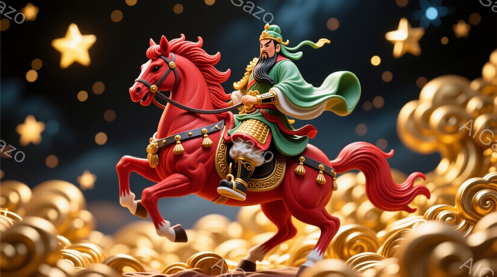 明るい赤色の馬に乗った男性が描かれています。緑色のローブと帽子を身に着け、顎髭を生やした男性は、力強く馬を操り、誇らしげな表情をしています。背景には金色の渦巻きのような模様が広がり、まるで神話の世界にいるかのような幻想的な雰囲気です。