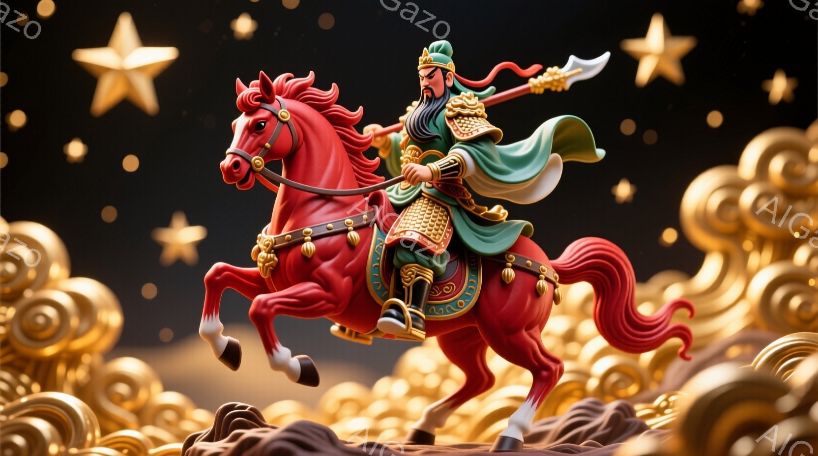 赤い馬に乗った武将が描かれています。緑色の衣装を身につけ、黒い髪を後ろで束ねています。背景には金色の雲のような装飾が広がり、星が散りばめられており、力強く、勇ましい雰囲気を醸し出しています。