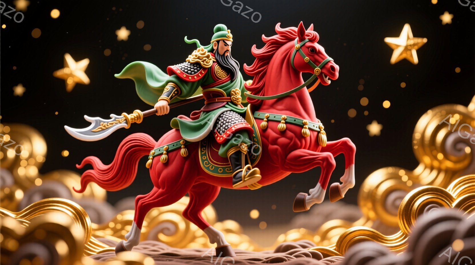 赤い馬に乗った武将が描かれており、緑と赤の華やかな鎧を身につけています。武将は厳格な表情で、片手に剣を構え、力強く馬を駆り進んでいます。背景には金色の雲のような装飾と星が散りばめられており、全体的に勇壮で豪華な雰囲気を醸し出しています。
