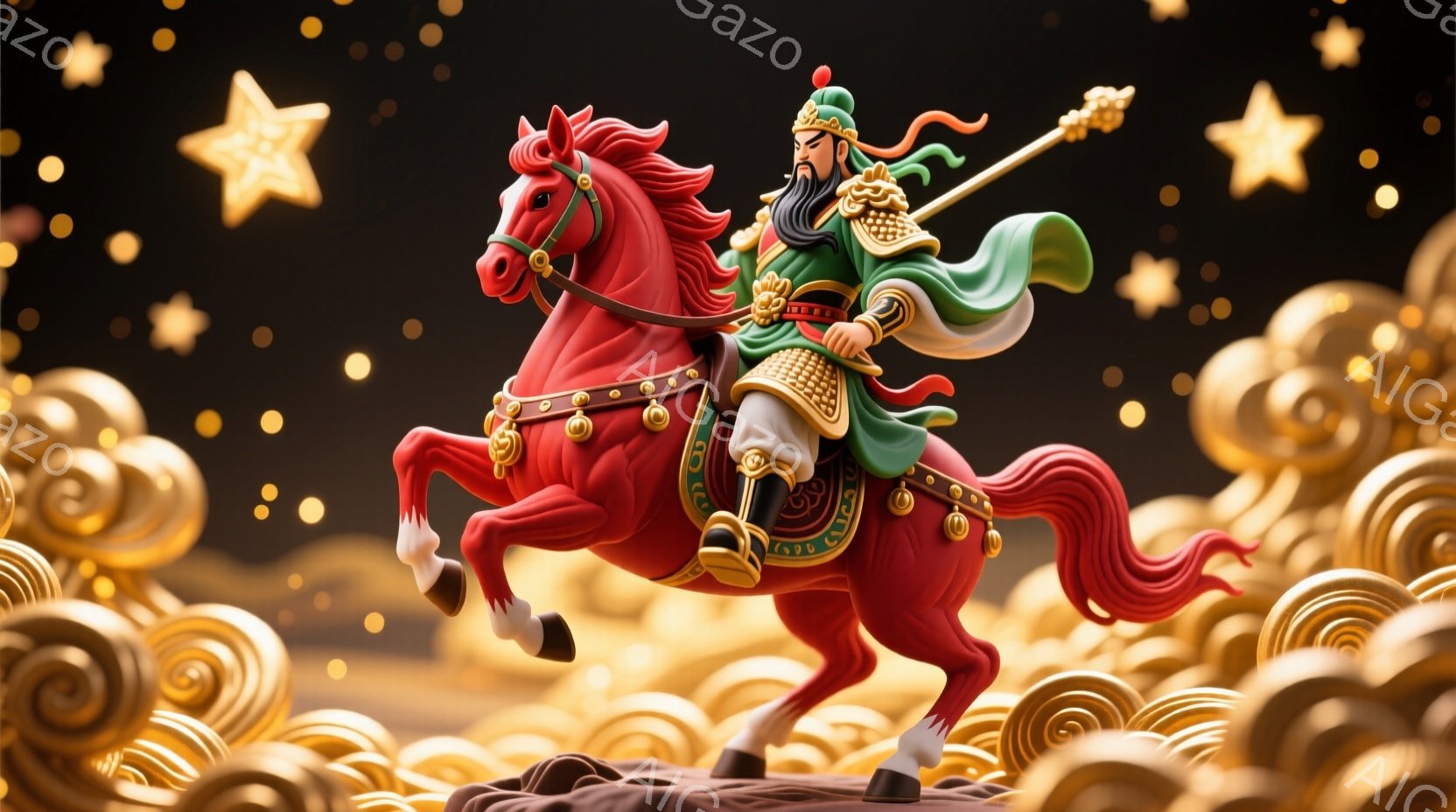 赤い馬に乗った武将が描かれています。緑と金色の鎧を身につけ、頭には飾りをつけた兜をかぶり、精悍な表情をしています。背景は金色の渦巻く模様で覆われ、星が散りばめられており、華やかで壮大な雰囲気を醸し出し - AI生成フリー素材