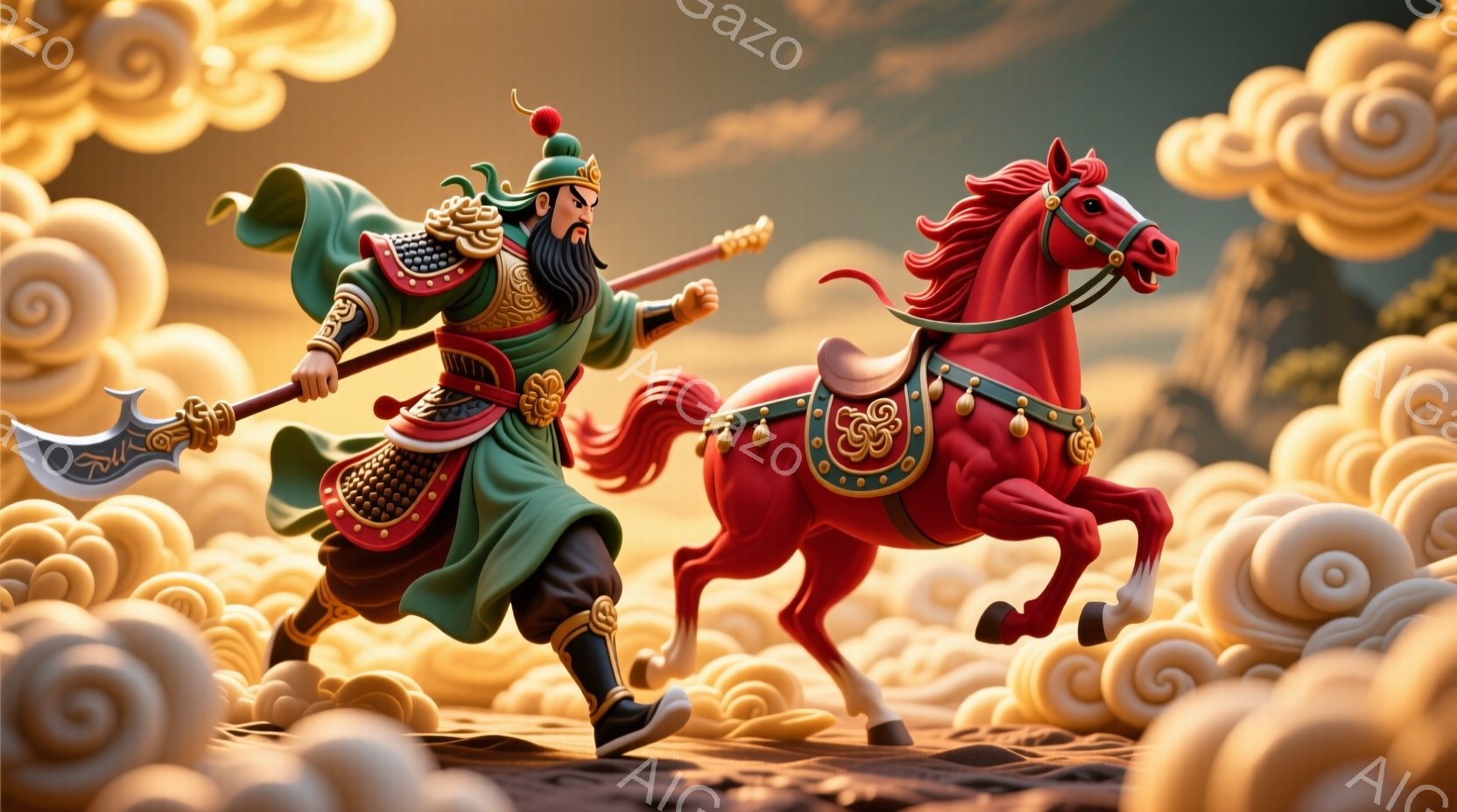 緑色の衣装を身につけ、大きな斧を構えた武人が描かれています。彼は赤い装飾が施された馬の隣を走り、力強く前進する姿は躍動感に満ちています。背景には巻雲のような雲海が広がり、壮大で幻想的な雰囲気を醸し出しています。