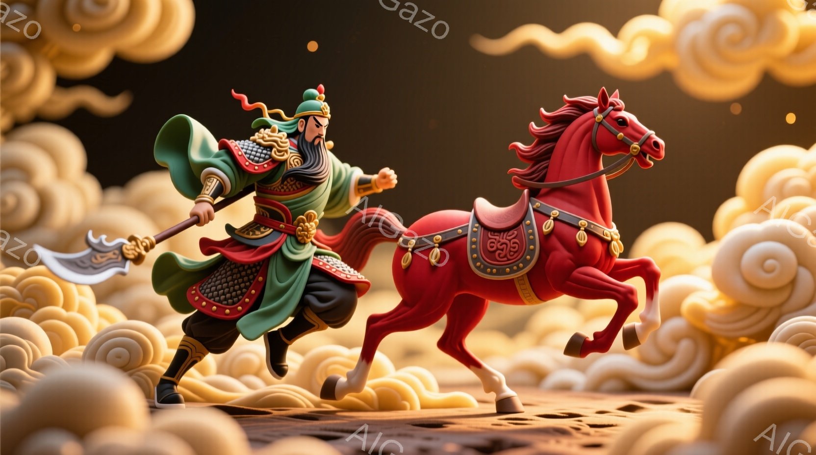 鮮やかな赤色の馬に乗った武将が描かれています。緑と黒の鎧を身に着け、長い髭と独特の髪型をしており、顔つきは勇猛果敢です。背景には、渦巻くような雲の装飾が施されており、鮮やかな色彩と躍動感あふれる構図が、武将の力強さと冒険心を強調しています。