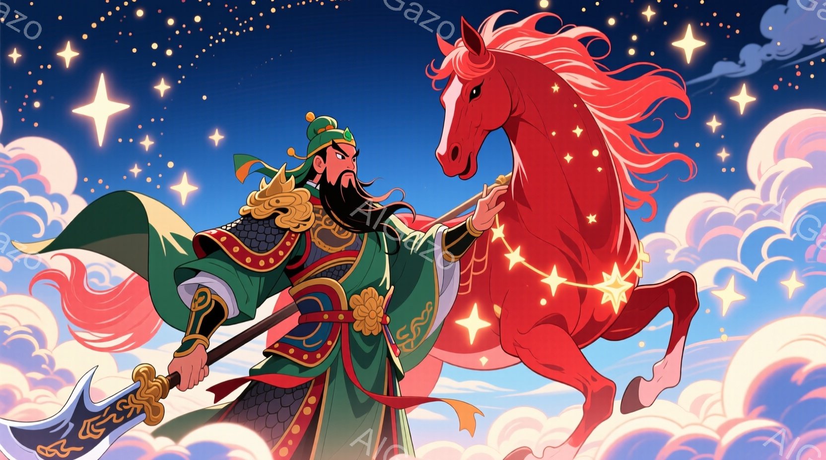 逞しい風貌の男性が、華やかな中国風の鎧を身につけ、大きな刀を携えています。彼は黒い長髪を後ろで束ね、力強い表情で、赤く輝く馬を導くように立っています。背景には白くふわふわとした雲が広がり、夜空には星が煌めき、幻想的で力強い雰囲気を醸し出しています。