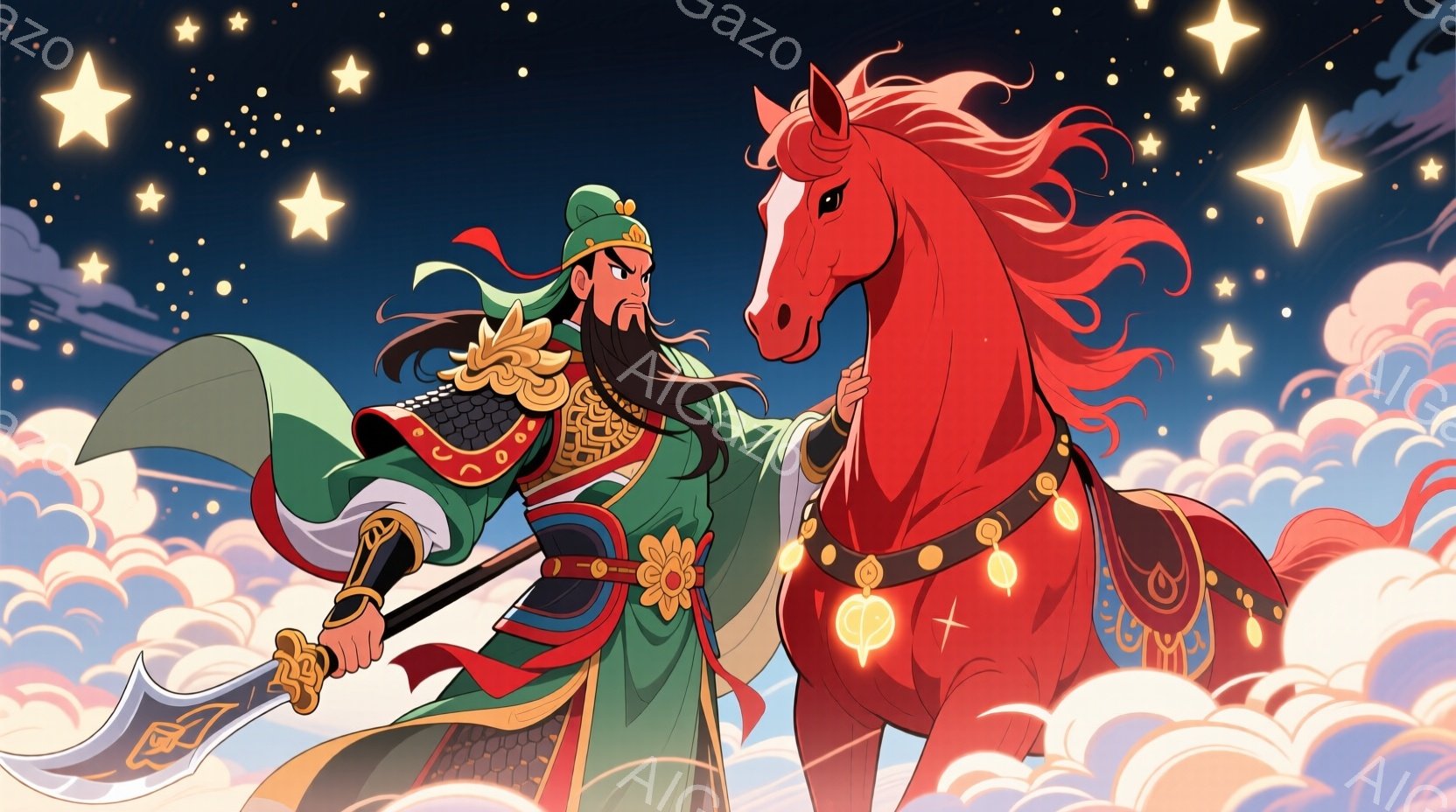 長い黒髪をなびかせた男性は、緑と金色の美しい鎧を身につけ、巨大な刀を構えています。彼は自信に満ちた表情で、堂々と立っており、その背景には雲が広がり、星が輝いています。燃えるような赤い馬が彼の隣に立ち、共に空を駆け出しそうな躍動感に満ちた構図です。