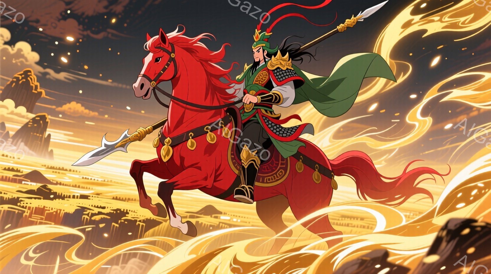 赤毛の馬に乗った武将が描かれています。緑と黒を基調とした鎧を身につけ、赤い帯が印象的です。背景には霞んだ都市と、渦巻くような雲が広がり、躍動感と壮大な雰囲気を作り出しています。 - AI生成フリー素材