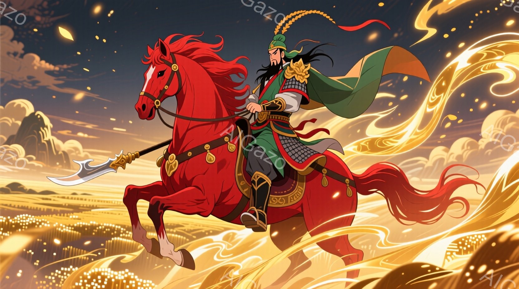 鮮やかな赤い馬に乗った武将が描かれています。緑と金色の装飾が施された鎧を身につけ、頭には飾り紐が付いた兜をかぶり、毅然とした表情をしています。背景には、ぼやけた都市と、金色のエネルギーのようなものが渦 - AI生成フリー素材