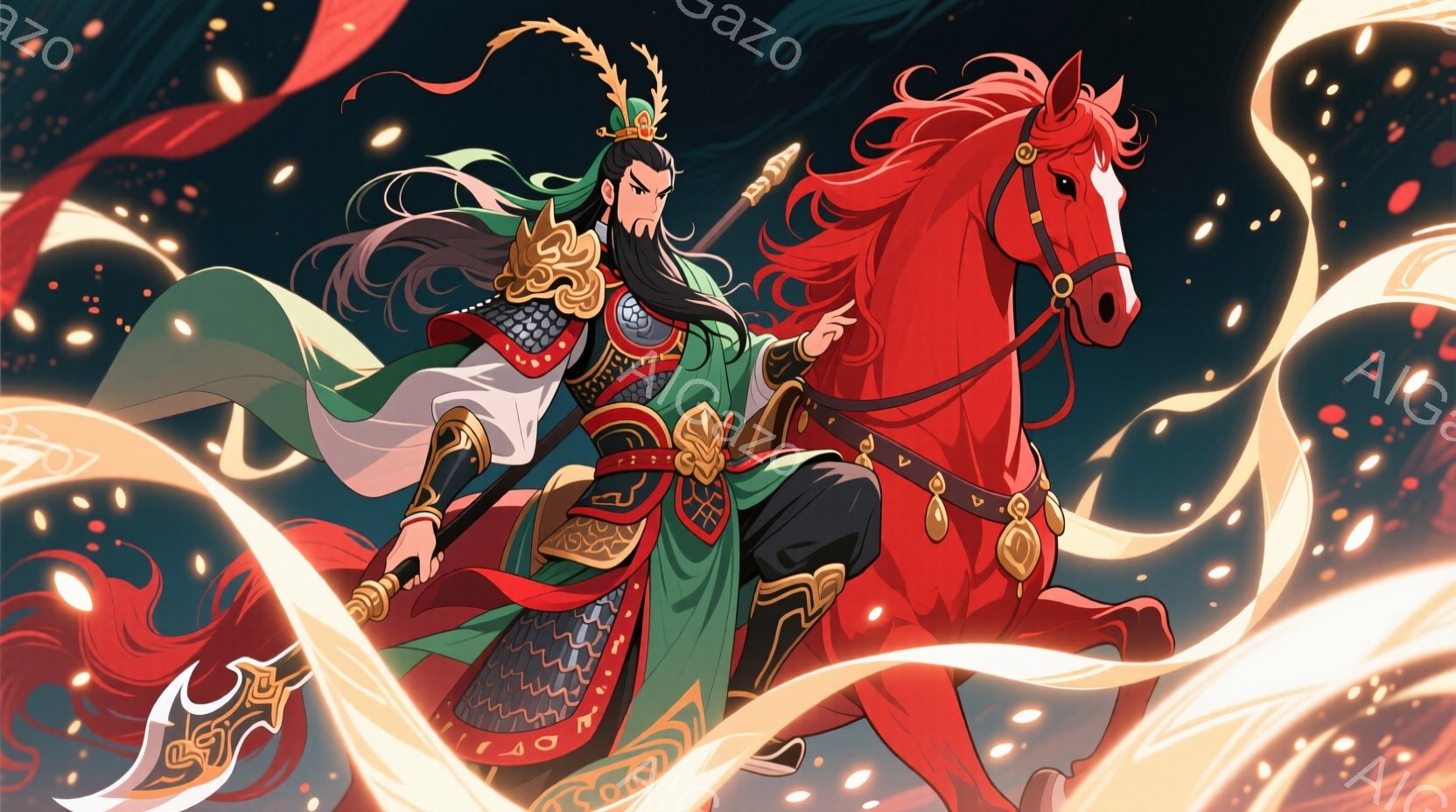 鮮やかな赤色の馬に乗った男性が描かれています。緑と赤の対照的な色彩の衣装を身につけ、顔には隈取のような模様があり、鋭い眼光で前を見据えています。背景には炎のようなエフェクトが広がり、躍動感と力強い雰囲気を醸し出しています。