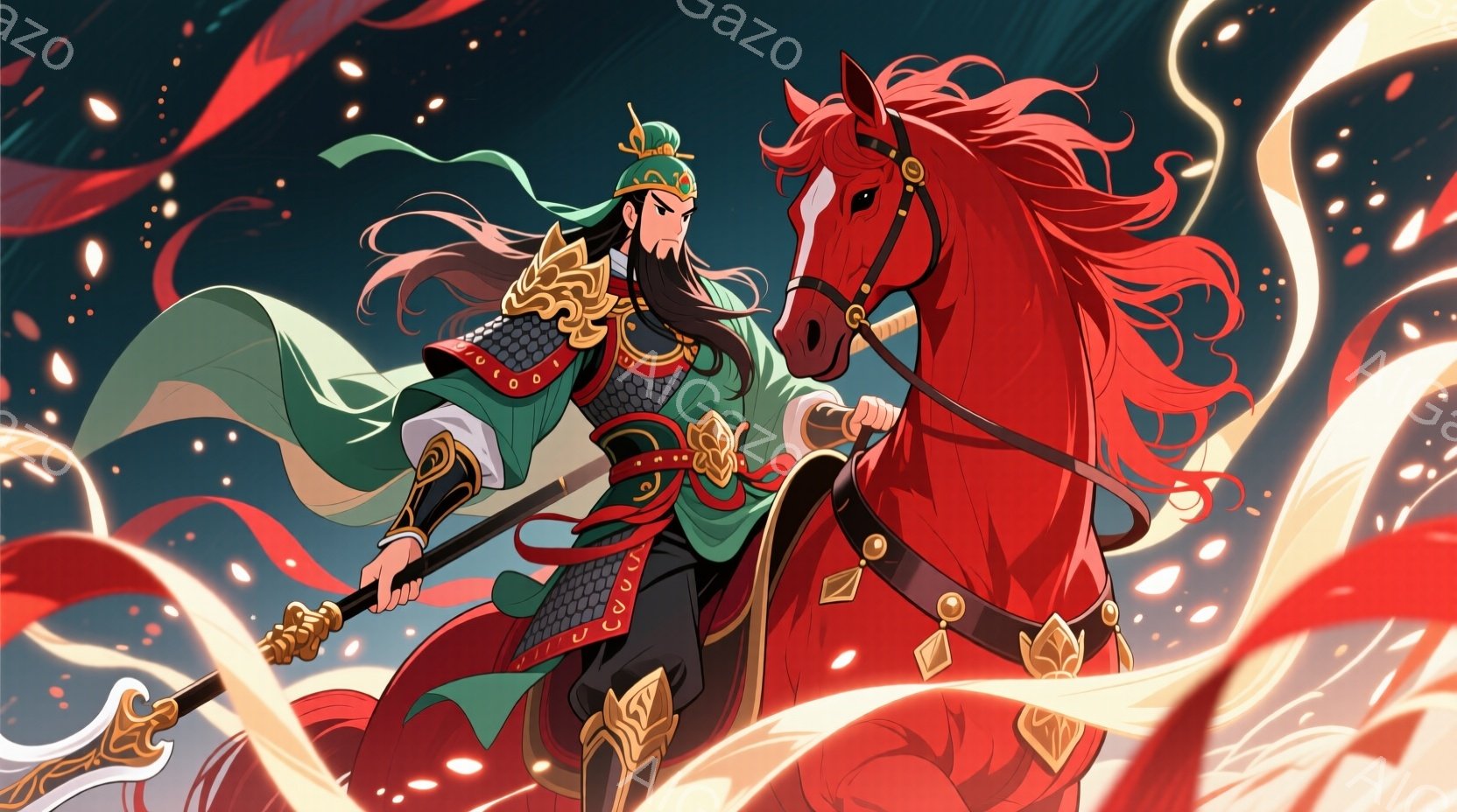 このイラストは中国古代の戦士を描いたもので、赤髪の剣士が緑色の甲装と金色の武器を持ち、白銀の馬に乗って敵を追いかける。深い紅々と火花が飛び交う中で、剣士は冷静な表情で前向きに進み、その美しさと力強さが伝わってくます。