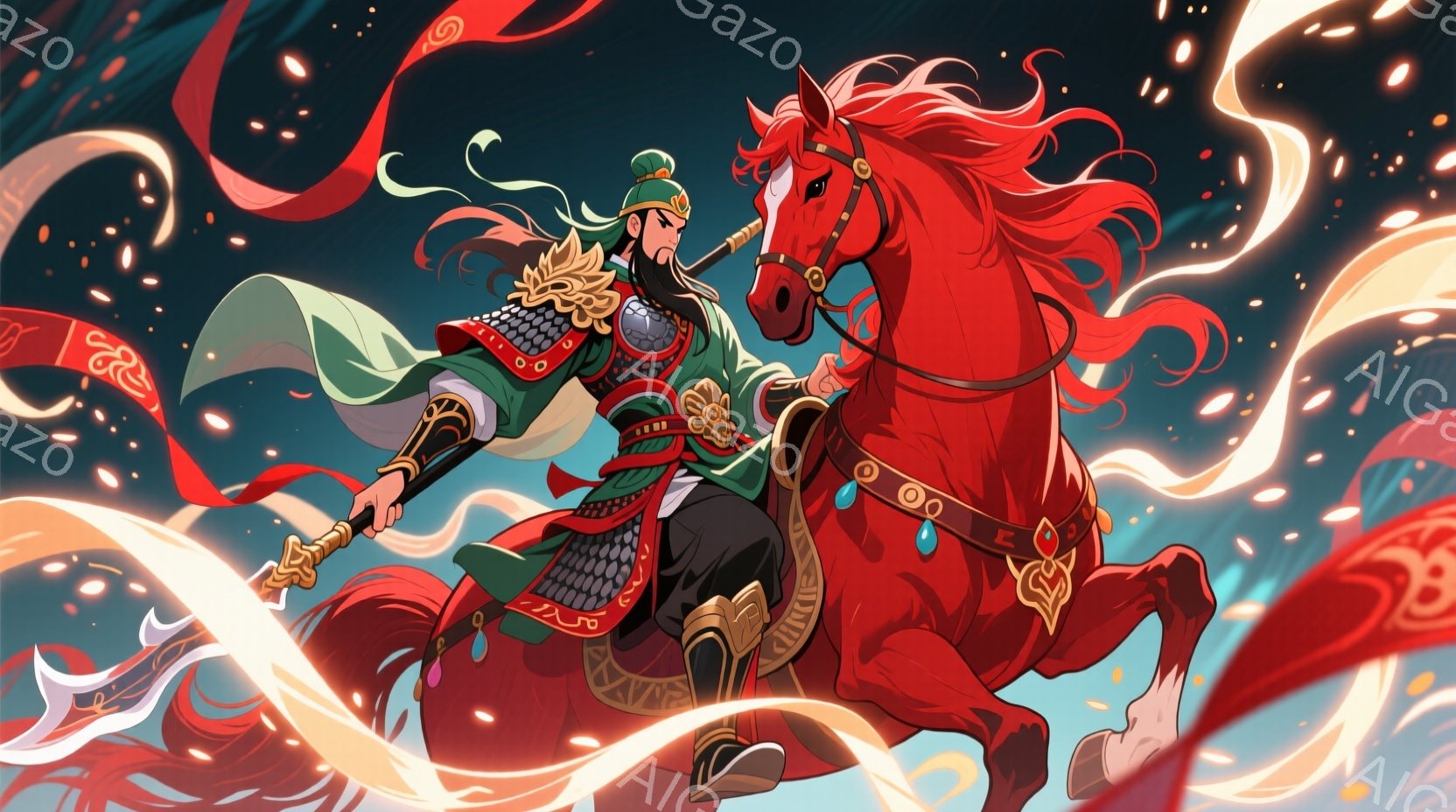 鮮やかな赤色の馬に乗った武人が描かれています。緑と黒の鎧を身につけ、頭には飾りを付けた兜を被り、顔は力強く決意に満ちています。背景には赤いオーラのような光が渦巻き、躍動感あふれる雰囲気で、戦場や英雄的 - AI生成フリー素材