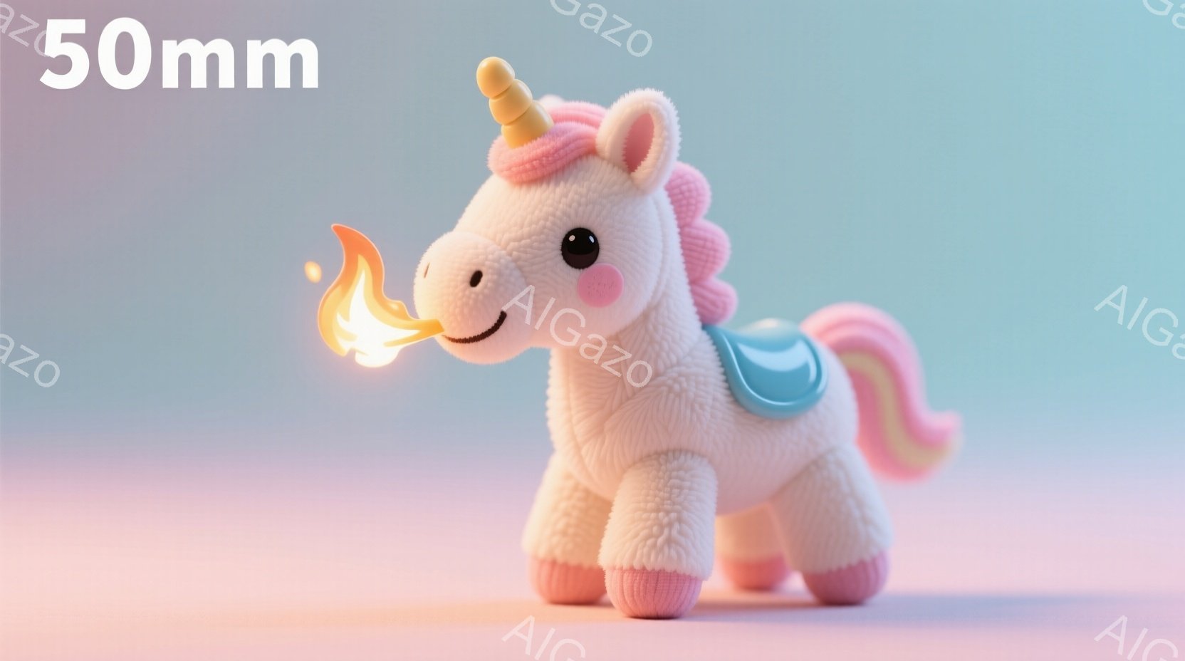 ふわふわとした白いユニコーンが描かれています。虹色のたてがみと尻尾を持ち、角からはオレンジ色の炎が立ち上っています。背景は淡いピンクと水色で、柔らかく夢幻的な雰囲気を醸し出しています。