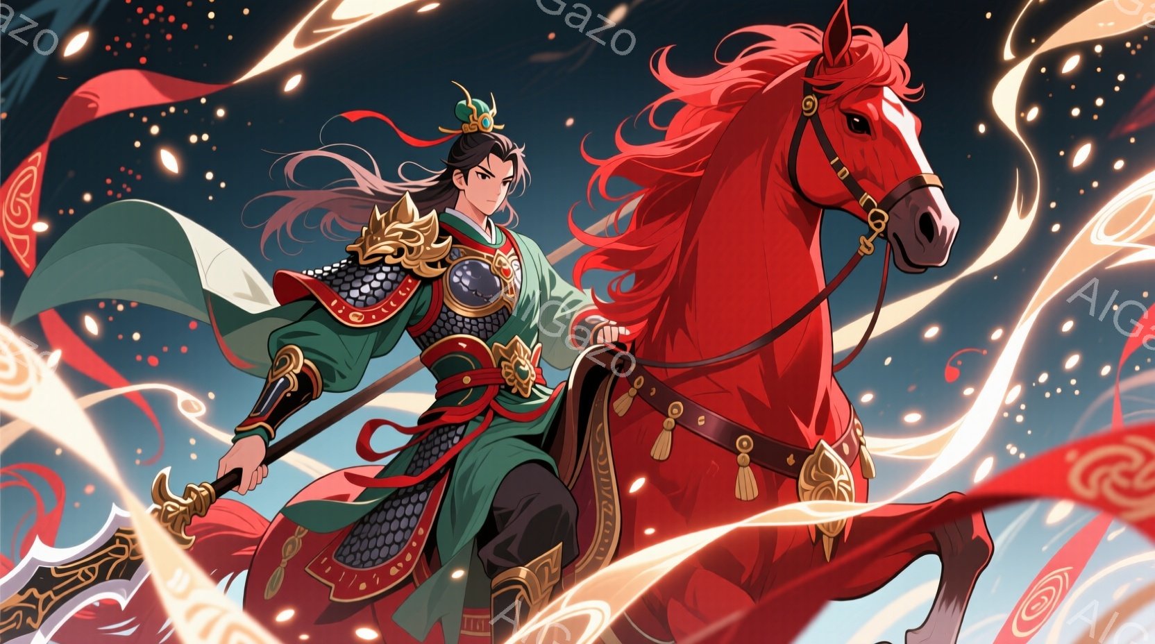 鮮やかな赤色の馬に跨った男性が描かれています。緑と黒を基調とした鎧と衣装を身につけ、黒髪を後ろで結い、凛々しい表情をしています。背景には渦巻く赤いエネルギーのようなものが描かれており、躍動感と神秘的な雰囲気を醸し出しています。