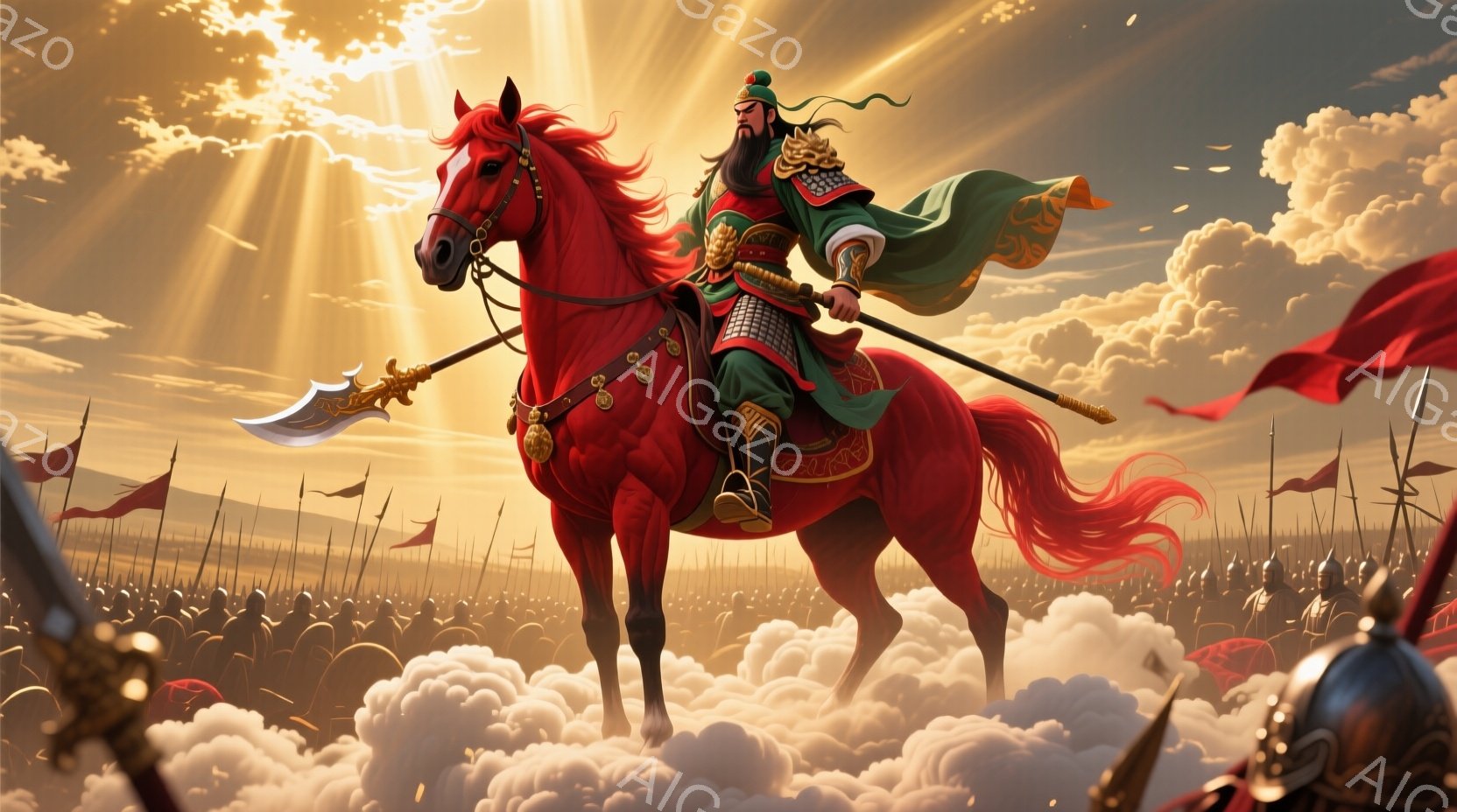 赤い毛並みの馬に跨った武将が描かれている。緑色の鎧と赤いマントを身に着け、黒い髪を後ろで束ねた彼は、鋭い眼光で前を見据えている。背景には軍勢や旗、そして夕焼けのような光が差し込む雲海が広がり、戦場における英雄的な雰囲気を醸し出している。