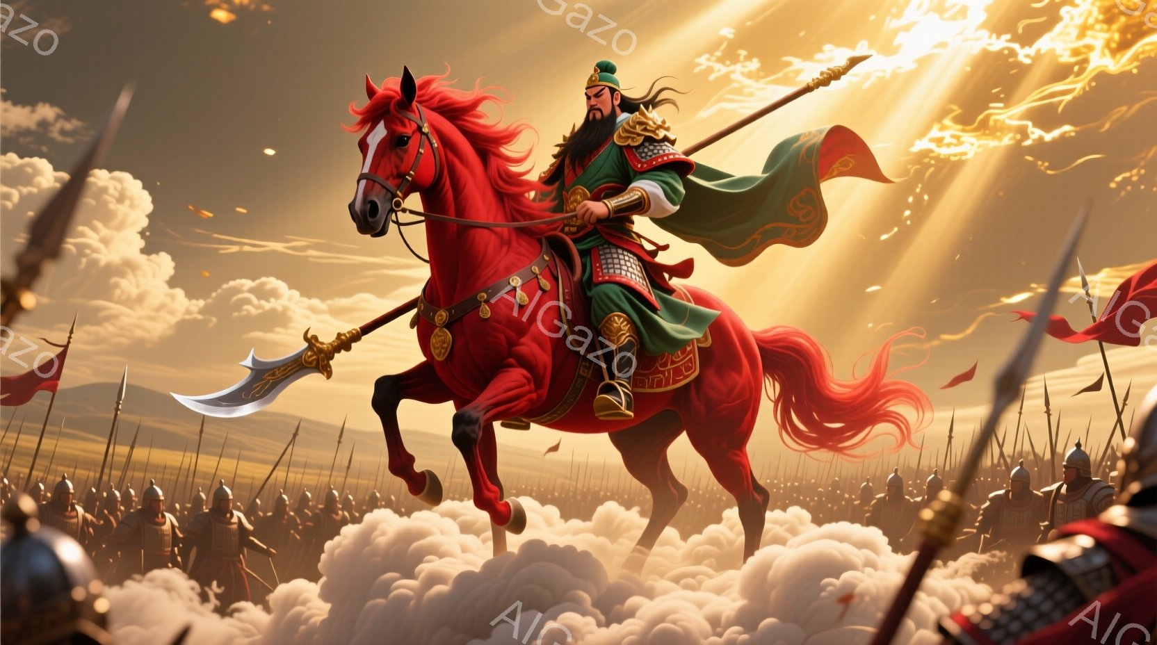 鮮やかな赤い馬に乗った武将が描かれています。緑と金色の鎧を身につけ、黒髪を長く結い、力強い表情で前方を見据えています。背景には雲海と、多数の兵士たちが密集しており、夕焼けのような光が差し込み、壮大で英雄的な雰囲気を醸し出しています。