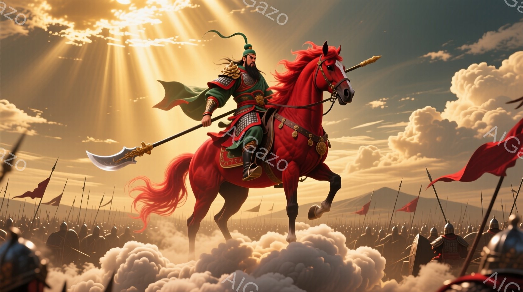 鮮やかな赤い馬に騎乗した武将が描かれている。緑色の鎧を身につけ、頭には飾りをつけた黒髪を長く伸ばしている。背景には雲海が広がり、遠くには多数の兵士が整列しており、天から差し込む光線が戦場の壮大さを強調している。