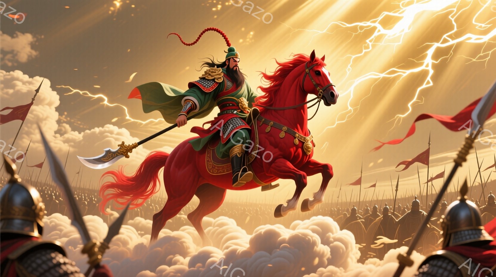 赤い馬に乗った武将が描かれており、緑色の鎧と赤い帯を身につけ、黒髪を後ろで結んでいる。彼は右手に武器を持ち、力強く前進しており、背景には雲海と兵士たちの軍勢、そして稲妻が走る空が広がっている。全体的に力強く、英雄的な雰囲気が漂う。