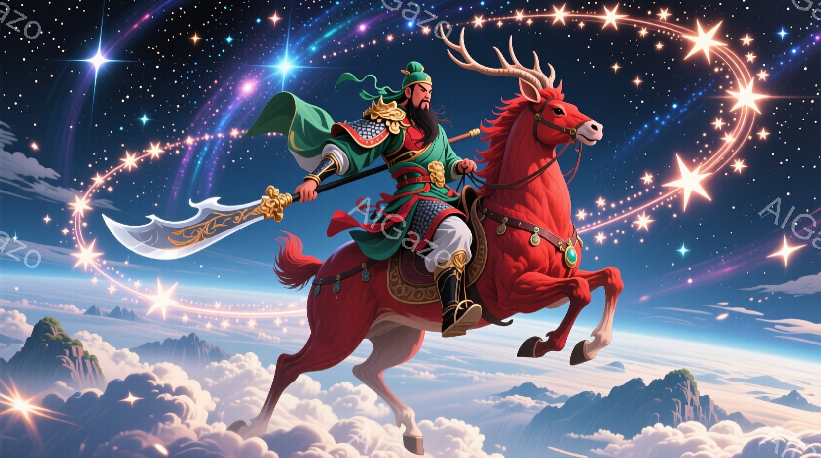 鮮やかな赤い馬に乗った男性が描かれています。緑と赤の鎧を着て、長い白髪を後ろで束ね、毅然とした表情で巨大な刀を構えています。背景には雲海が広がり、馬の周囲には星屑のような光が輝き、神話的で壮大な雰囲気を醸し出しています。