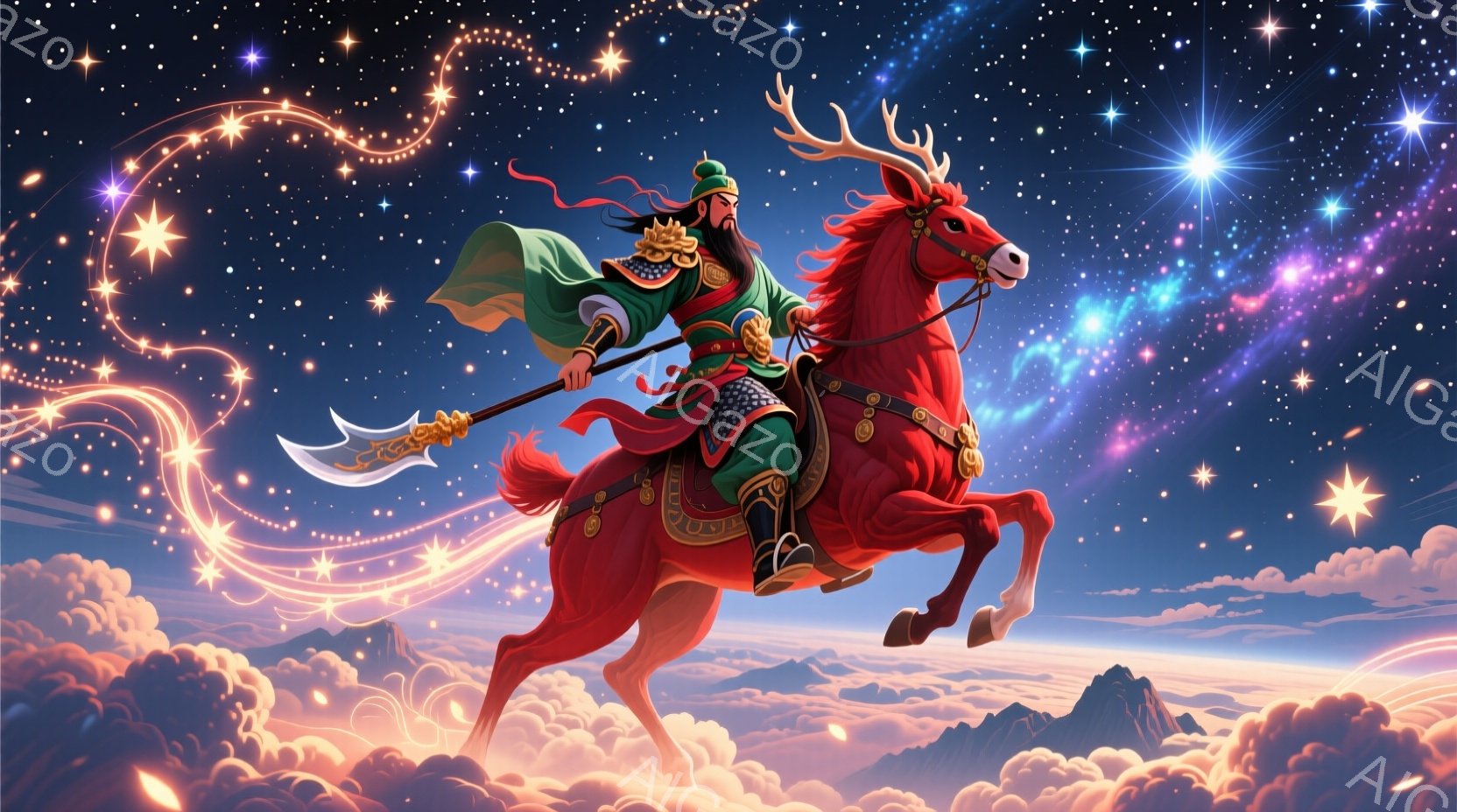 鮮やかな赤色の麒麟に乗った戦士が描かれています。緑と金色の鎧を身につけ、黒い髪を後ろで束ね、厳しい表情で長柄の武器を構えています。背景には壮大な山々、雲海、そして幻想的な星空が広がり、力強く神秘的な雰囲気を醸し出しています。