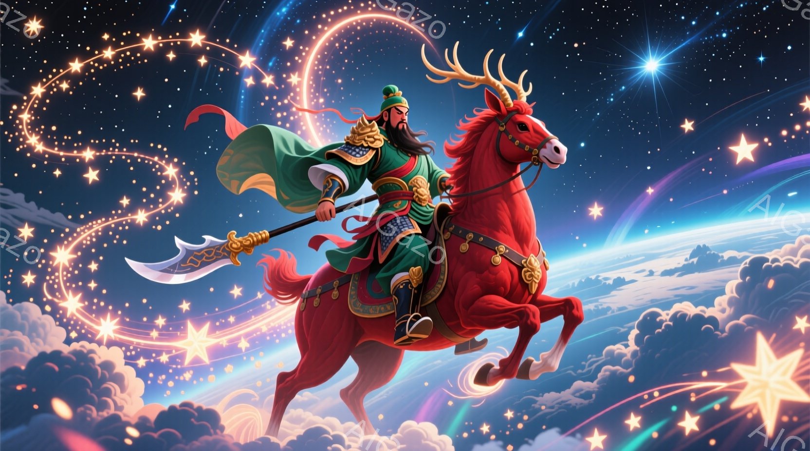 赤い馬に乗った戦士が描かれています。緑色の袍を身に着け、黒い髪を後ろで束ねた彼は、鋭い眼差しで前方を見据え、金色の装飾が施された大きな刀を構えています。背景には雲海が広がり、無数の星と光の粒子が夜空を彩り、壮大で神秘的な雰囲気を醸し出しています。