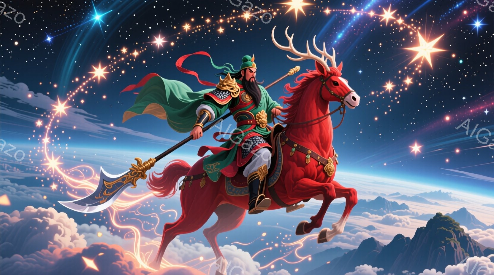 鮮やかな赤い馬に乗った戦士が描かれています。緑と金色の鎧を身につけ、黒い髪を後ろで束ね、鋭い眼光で前を見据えています。背景には山々と雲海が広がり、夜空には星が輝き、全体的に力強く神秘的な雰囲気が漂って - AI生成フリー素材