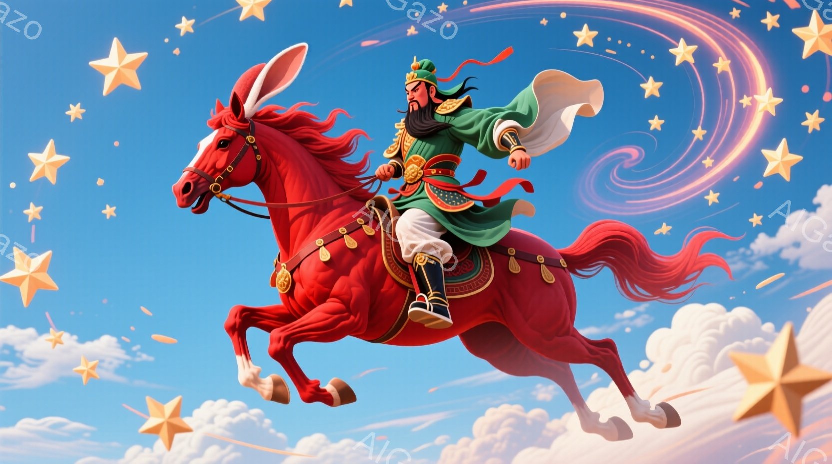 明るい青空を背景に、赤い馬に乗った武将が描かれています。緑色の衣装を身につけ、顎髭を生やした武将は、力強く馬を駆り、表情は凛々しく、躍動感に満ちています。背景には雲が浮かび、金色の星が散りばめられており、全体的に華やかで勇ましい雰囲気を醸し出しています。
