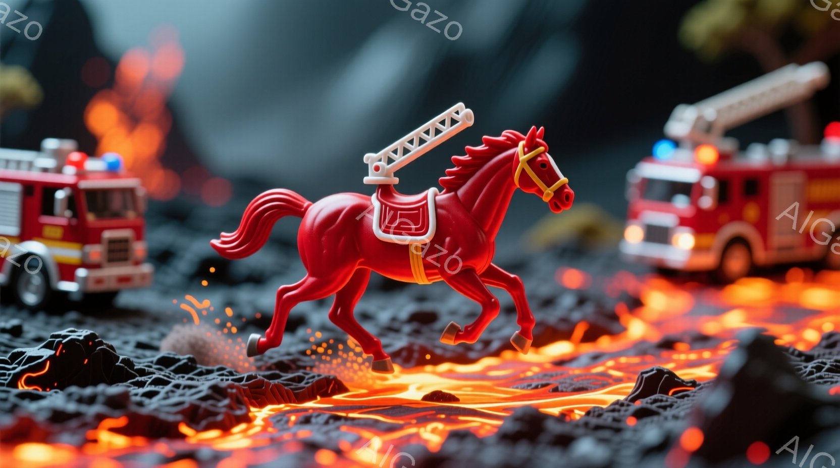 鮮やかな赤いおもちゃの馬が、燃え盛る溶岩の上を駆け抜けている様子が描かれています。馬の背中には消防士用の梯子が固定されており、周囲には複数の赤い消防車が配置されています。背景は暗く、溶岩の赤さと消防車の赤色が際立ち、まるで災害現場のような緊迫感のある雰囲気を醸し出しています。
