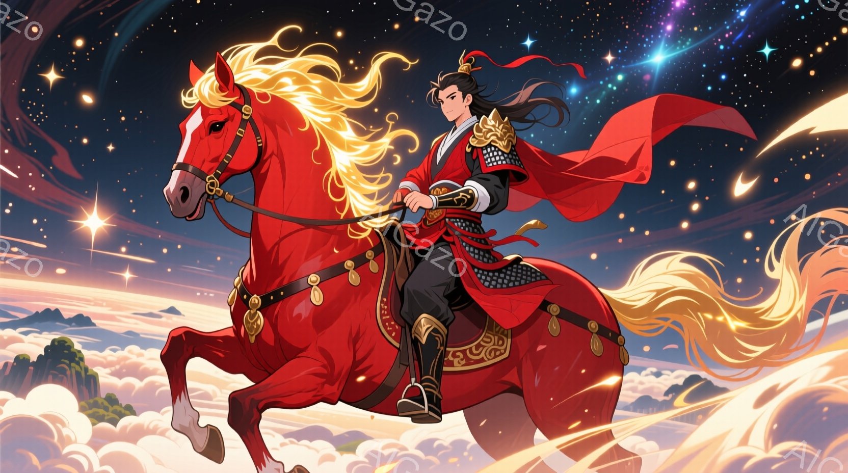 明るい赤色の髪の男性が、同じく赤い毛並みの馬に乗って空を駆ける姿が描かれている。男性は黒い衣装に赤い装飾が施され、肩には鎧を思わせる装飾が光り輝いている。背景には雲海が広がり、星空が夜空を彩り、幻想的で力強い雰囲気を醸し出している。