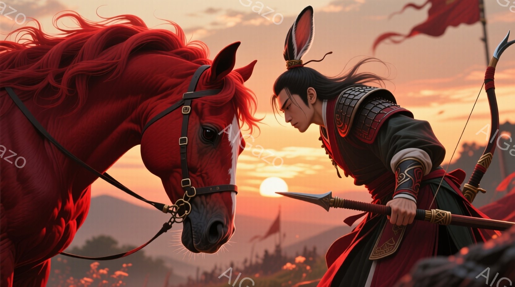 燃えるような夕焼けを背景に、武将が赤毛の馬に跨っている姿が描かれている。黒髪を後ろで束ね、赤い装飾が施された鎧と鮮やかな赤い衣装を身につけ、構えた槍を手にしている。遠くには旗が掲げられ、薄暗い山並みが広がり、戦場のような厳かな雰囲気が漂っている。