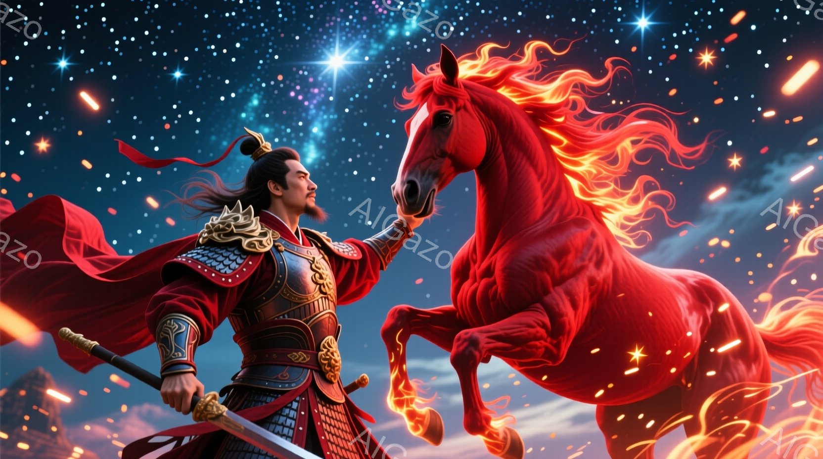 赤い装束を身につけた武人が、燃え盛るような赤い馬と共に描かれている。武人は黒髪を後ろで結い、鋭い眼光で何かを見据えているようだ。背景には暗雲と星が散りばめられ、燃え盛る馬と武人の姿が力強く、ドラマチッ - AI生成フリー素材