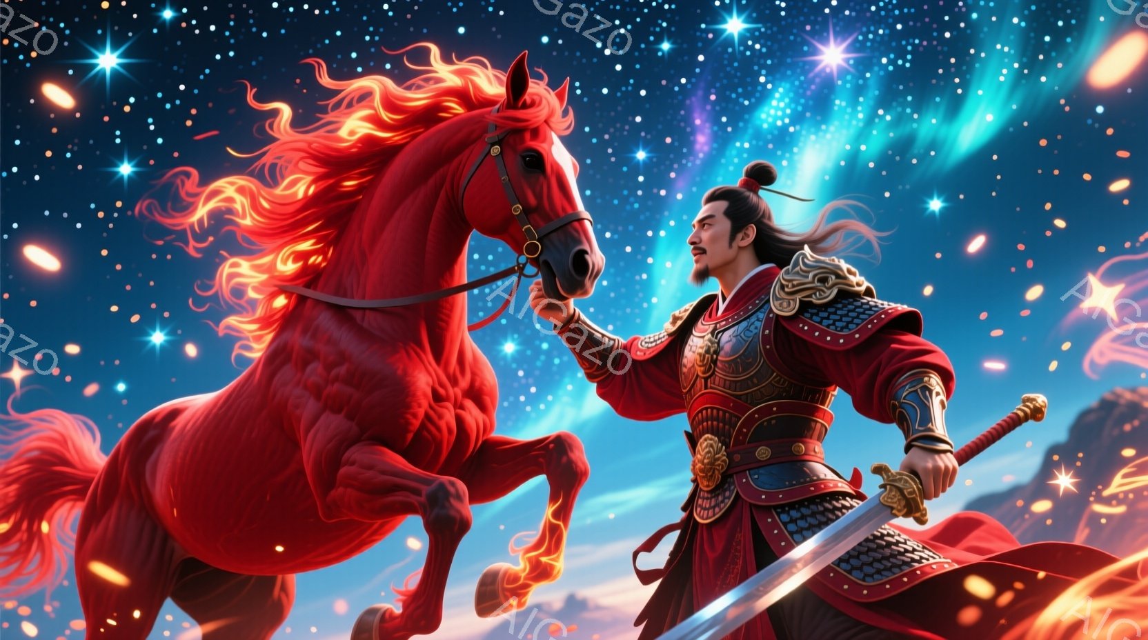 鮮やかな赤色の鎧を身に着けた男性が、同じく赤い鬣を持つ白馬に跨っている。彼は刀を抜き持ち、凛々しく前を見据えており、表情は決意に満ちている。背景は夜空のような深い青色で、星やオーロラのような光が幻想的な雰囲気を醸し出している。