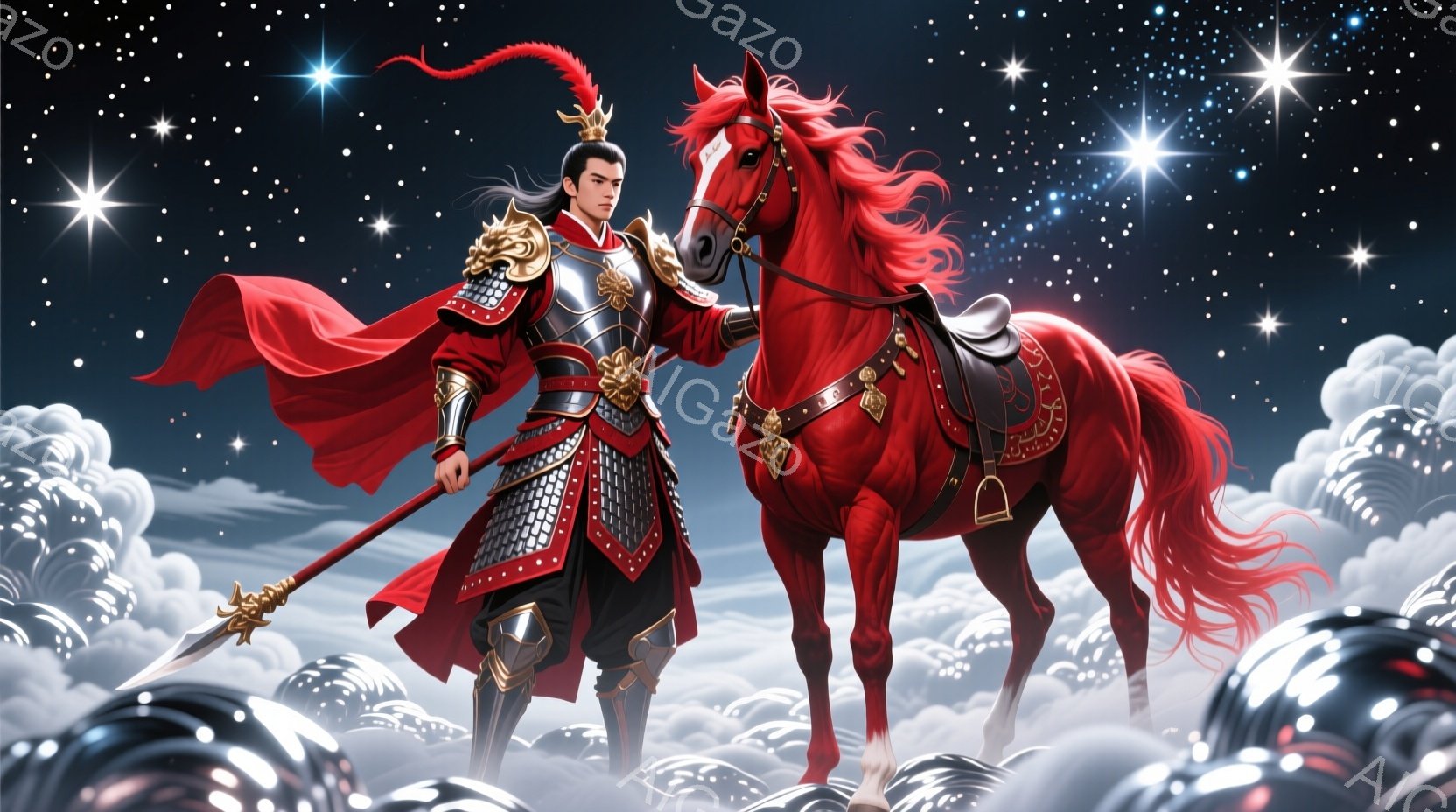 鮮やかな赤色の鎧を身につけた男性が、同じく赤い鬣を持つ馬と共に描かれている。彼は黒髪を高く結い上げ、凛々しい表情で槍を携え、力強く立っている。背景には渦巻く雲と星空が広がり、壮大で幻想的な雰囲気を醸し出している。