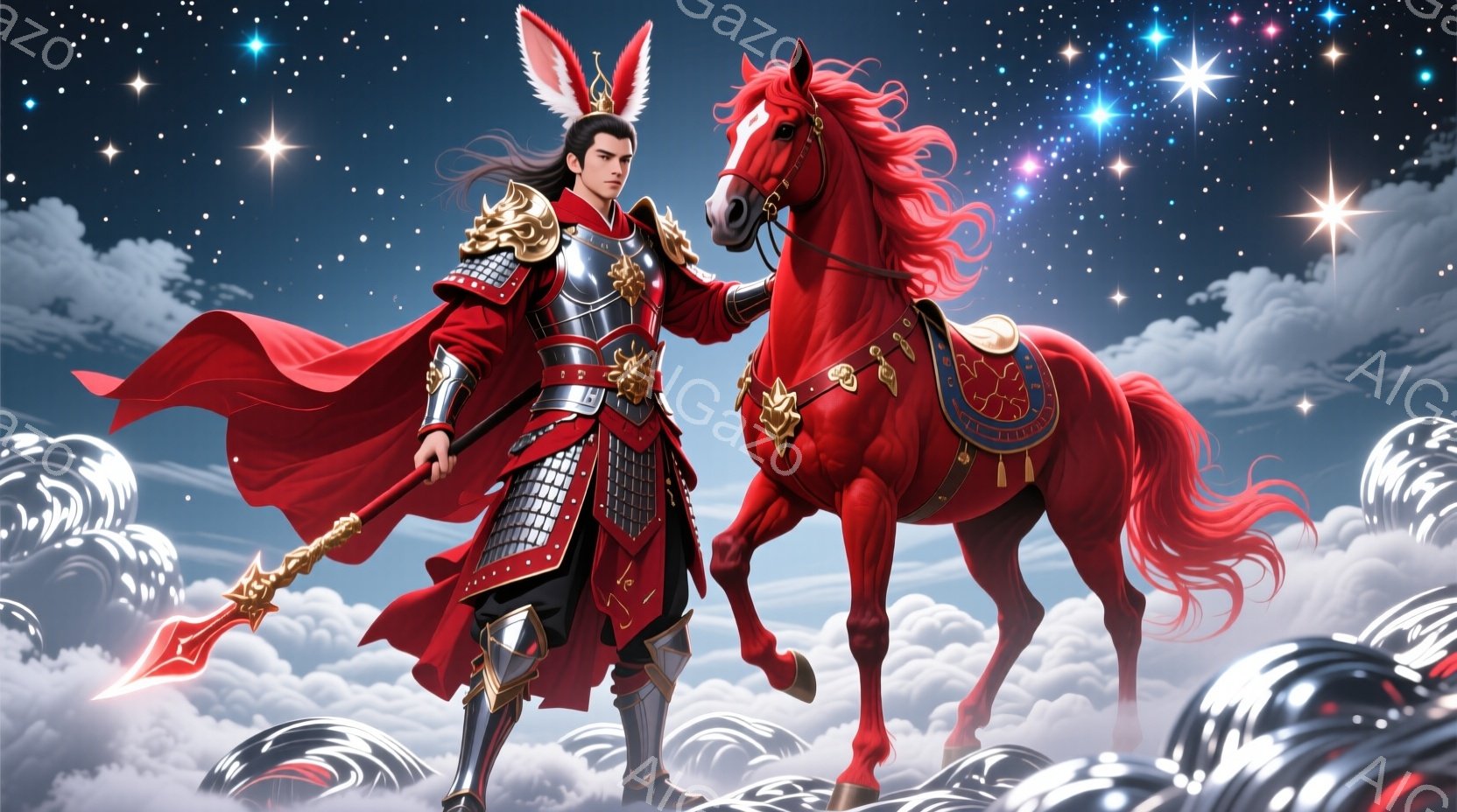 深紅の鎧を身に纏った男性が、同じく深紅の鬣を持つ馬と共に雲の上に立っている。男性は黒髪を長く伸ばし、凛々しい表情で槍を携え、自信に満ちた姿勢でこちらを見ている。背景には、夜空に輝く星々と、渦巻く雲が広がっており、壮大で幻想的な雰囲気を醸し出している。