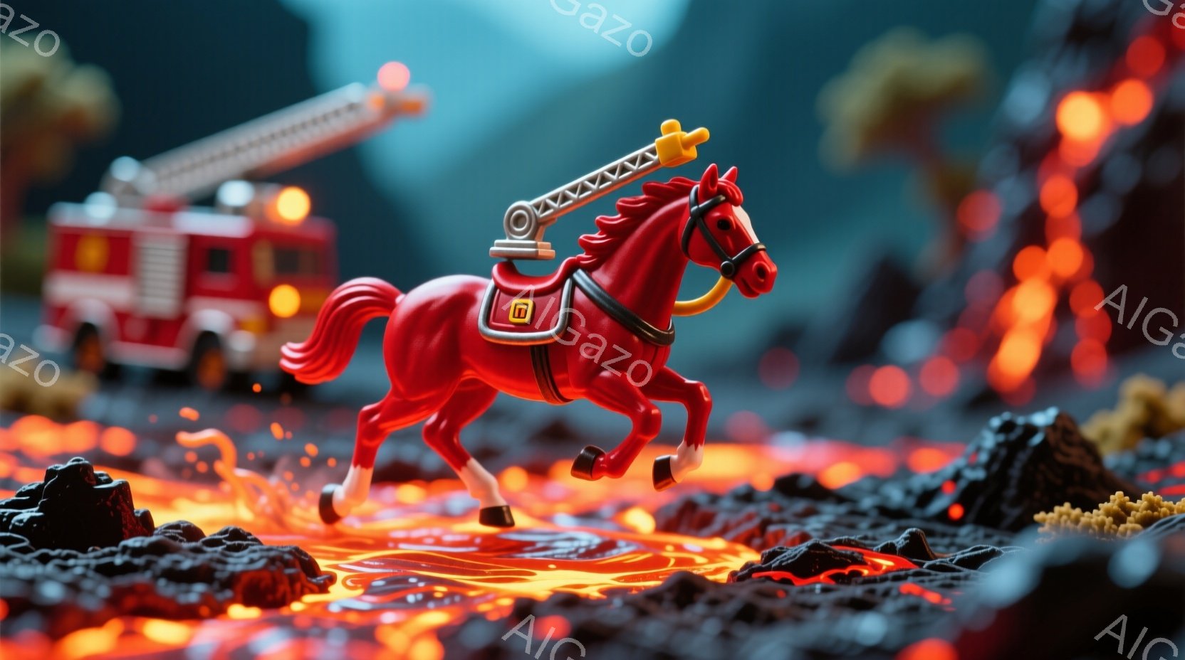 ファンタジー風の表現であり、人物が登場する。中心には赤い馬が走っており、その上には騎士が座っています。騎士は剣を持ち、紫色のマントを着ており、白い騎士帽子をつけています。マスコットのような赤い動物がそ - AI生成フリー素材