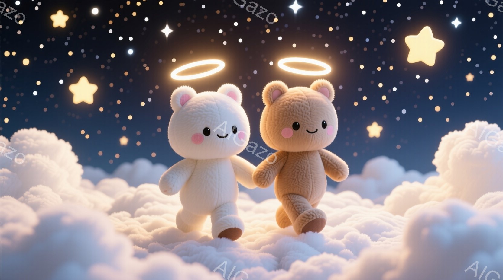 ふわふわとした雲の上を、2匹の可愛らしいクマが手をつないで歩いています。それぞれのクマは、頭上に天使の輪を載せ、優しい笑顔を浮かべており、穏やかで幸福な雰囲気を醸し出しています。背景には無数の星が輝き - AI生成フリー素材