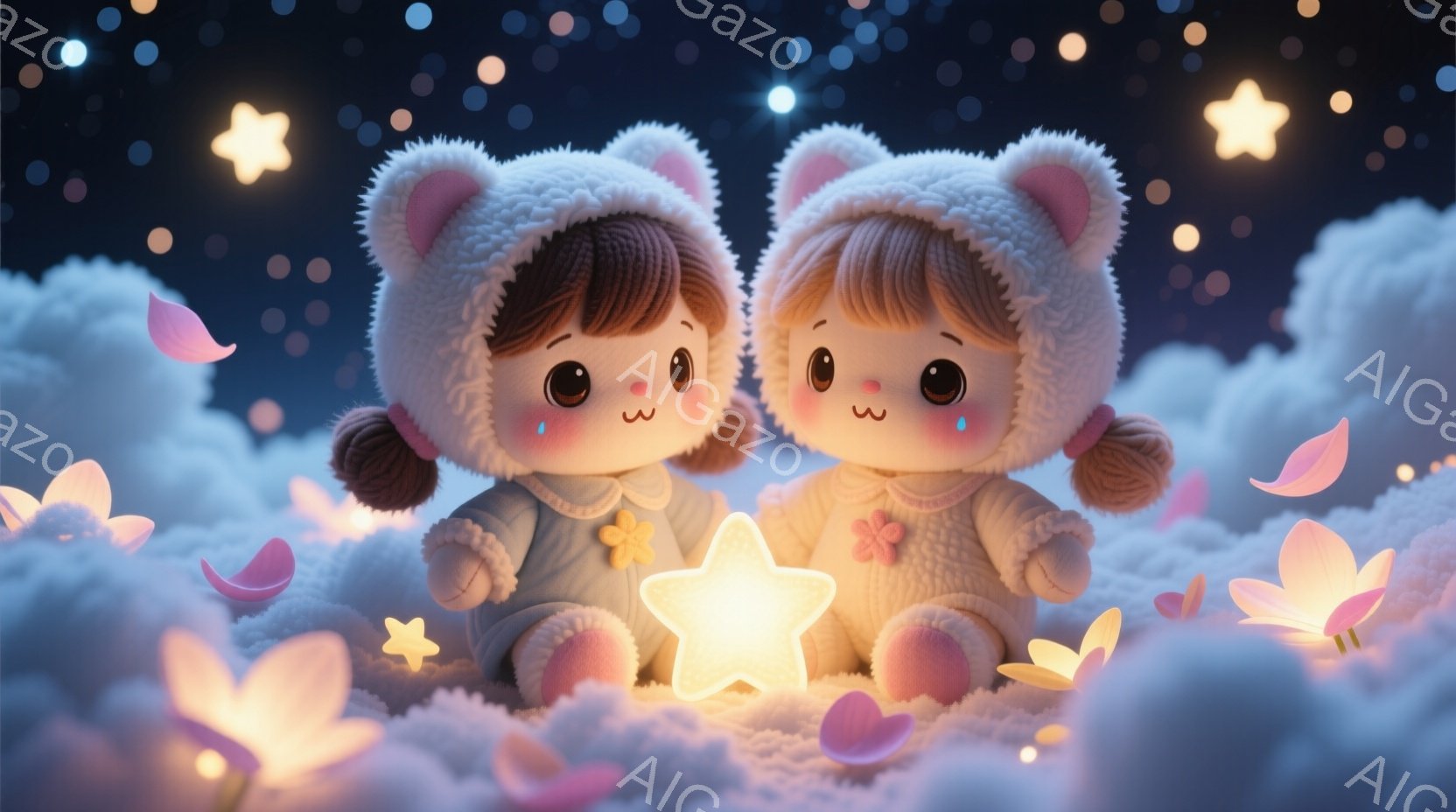 ふわふわの雲の上に座っている、ポニーテールで可愛らしい少女たちが二人描かれています。ピンク色の頬と優しい笑顔を持ち、暖かい雰囲気の白いパーカーを着ています。背景には星が輝き、雲と光る花が幻想的な夜空を - AI生成フリー素材