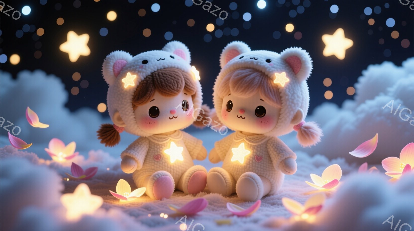 ふわふわの毛糸で作られたような、可愛らしい人形が二人、雲の上に座っています。人形たちはそれぞれピンク色のつなぎを着て、うさぎの耳の帽子をかぶっており、ほほえましい表情をしています。背景には、星が輝き、 - AI生成フリー素材