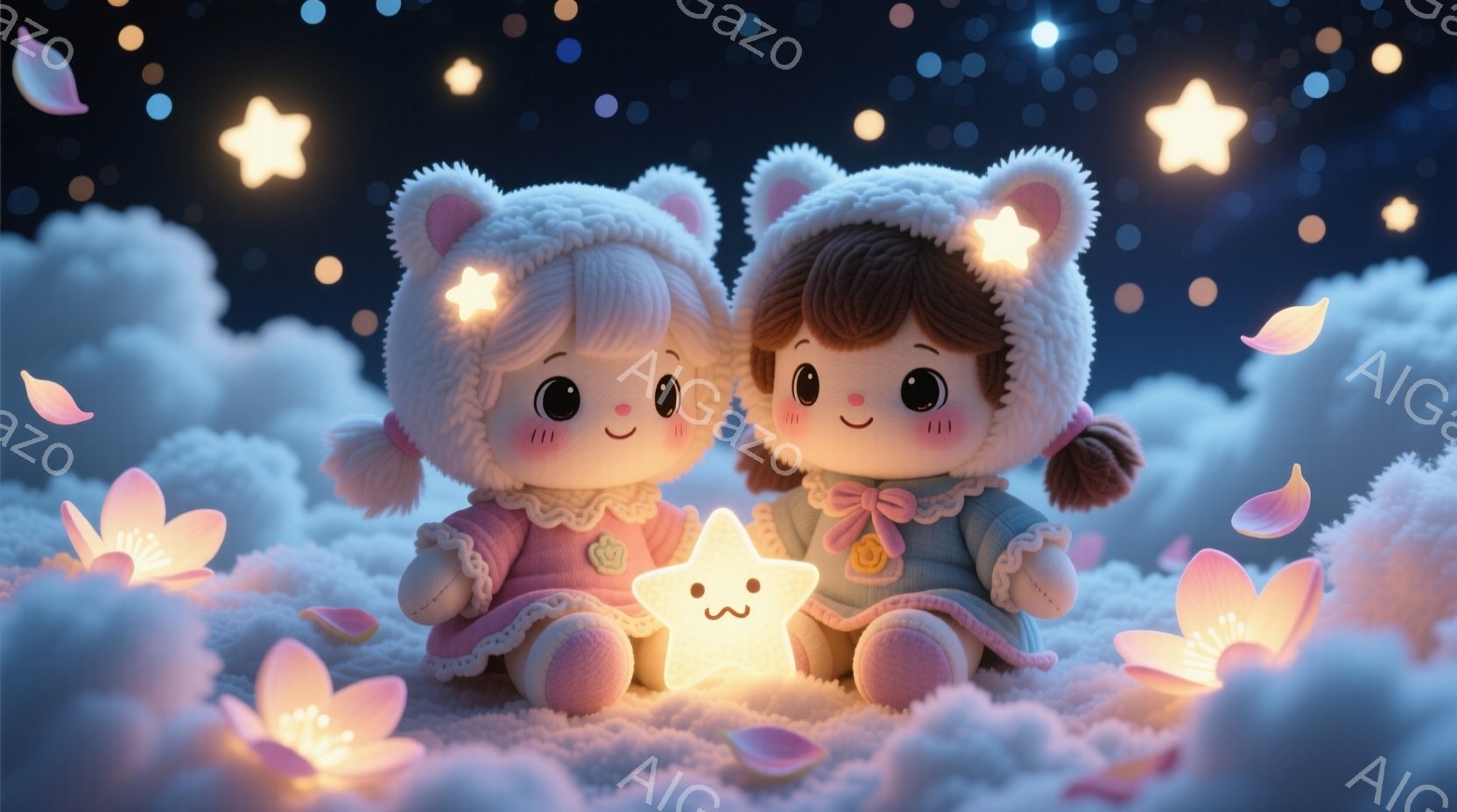 ふわふわした雲の上に、同じ服装をした2人の可愛らしい人形が並んで座っています。ピンク色のオーバーオールと、耳の付いたフード付きのセーターを着ており、顔には穏やかな微笑みが浮かんでいます。周りには桜の花 - AI生成フリー素材