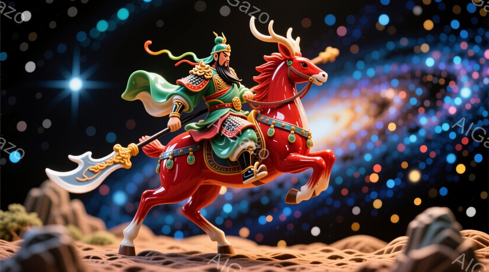 鮮やかな赤色の馬に乗った武将が描かれています。緑色の衣装をまとい、黒い髪を長く結い、力強い表情で前方を見据えています。背景は青と紫の星空と、岩石が点在する砂漠のような地形で、躍動感と神秘的な雰囲気を醸 - AI生成フリー素材