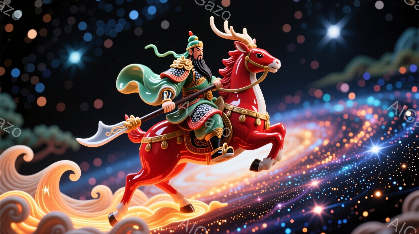 鮮やかな赤色の甲冑を身に着けた男性が、燃えるような赤い馬に騎乗している。彼は黒い髪を後ろで結い、威厳のある表情で前方を見据え、手に持った鋭い刃の武器を構えている。背景には金色の雲のような模様と星が散りばめられており、幻想的で力強い雰囲気を醸し出している。