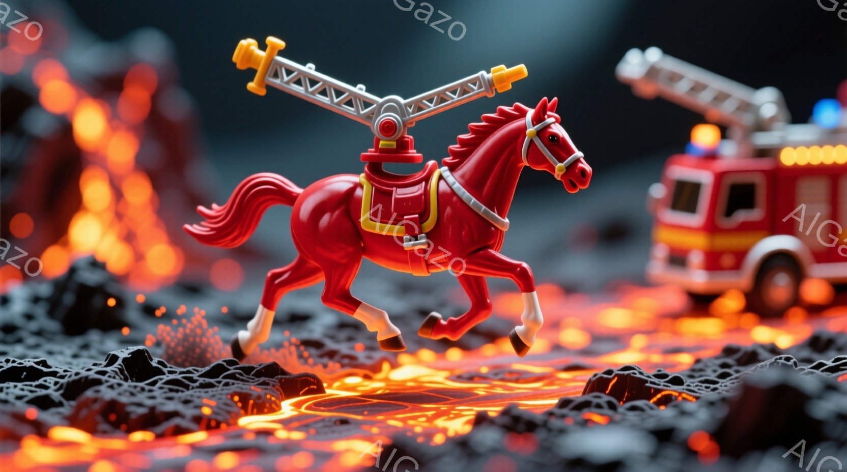 真っ赤な消防馬が、溶岩が流れる黒い岩肌の上を疾走している。消防馬には赤い鞍と、ホースが取り付けられた架空の装置が備え付けられており、背景には赤い消防車がぼんやりと見える。全体的に、奇妙でファンタジックな、まるで子供の遊び場のような、独特の雰囲気が漂っている。
