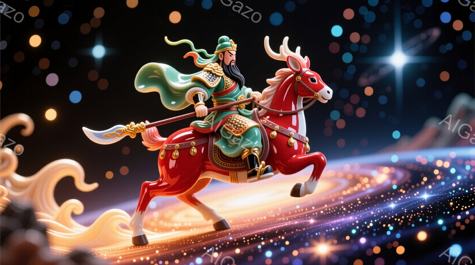 赤い馬に乗った男は、緑と金色の豪華な衣装を身につけており、長く黒い髪を後ろで結んでいます。彼は鋭い表情でまっすぐ前を見据え、手に持った槍を力強く構えています。背景には、星空と波のような模様があり、全体的に躍動感と力強さを感じさせる幻想的な雰囲気です。